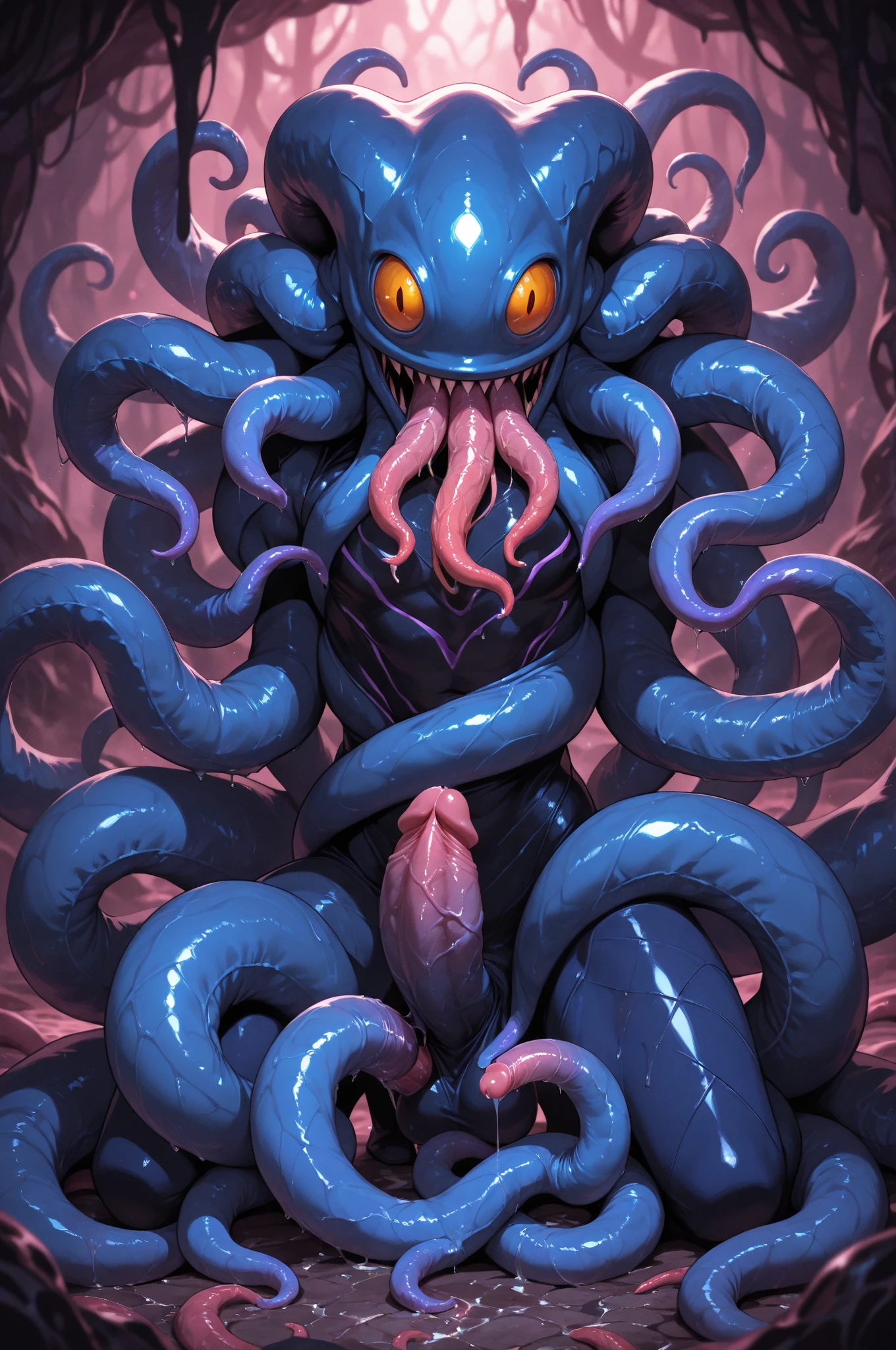 Furry、巨大な黒いTentaclesに捕まっている、Hands restrained behind your back、Tentacles（Boy with erection）、Dick、(((Milking)))Ahegao、Puzzled、naked、Muscular、surfer、黒いTentacles、Rough seas、clear、Intense 