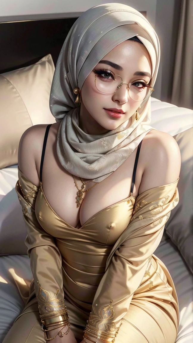 a beautiful hijabi girl, 17 years old, white skin, detailed face, expressive eyes, luscious pink lips, shy expression, slender and voluptuous figure, wearing a sexy white blazer, golden bangles, bracelets, necklaces, swiss golden watch, slipped and fell off the bed, lying on the bed, in a cozy dressing room with a bed, night, dramatic studio lighting, cinematic, color graded, award winning portrait, elegant, feminine, intricate details, luxurious, high fashion, glamorous, alluring, hyper detailed, ultra-realistic, 8k, photorealistic