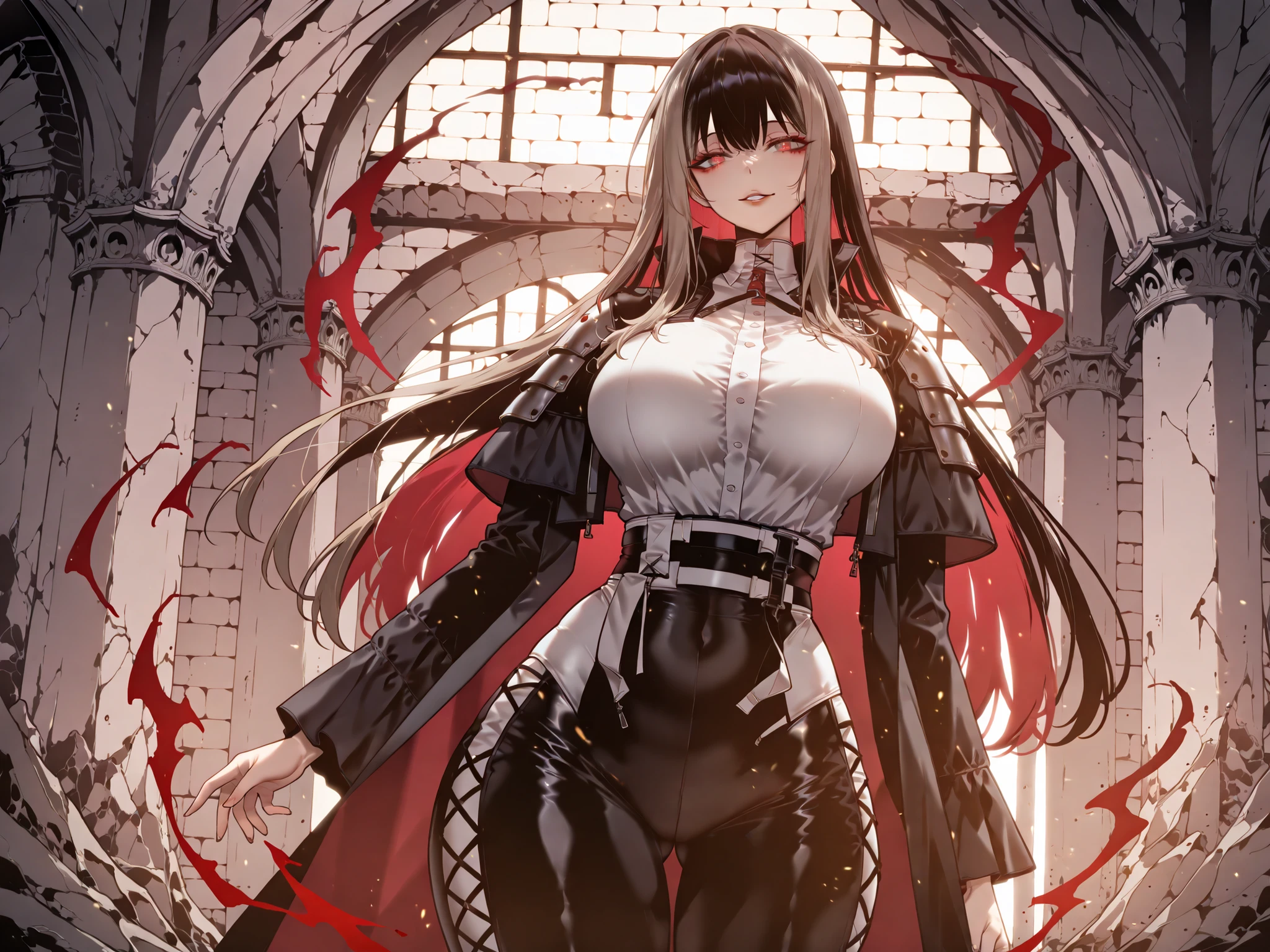 taken from above、caveの中、Ruins、black suit、black longsuit、 black long jacket、ゴスロリなshirt、Depressed、Tall Woman、A woman in her thirties、 Alassah's woman、Steins;Gate、 black longsuit 、score_9, score_8_up, score_7_up, Source_anime,masterpiece、No expression、no makeup、top quality,beautifully detailed eyes in a logistics warehouse, Exquisite Eyes、A sophisticated eye、highly detailed eyes and faces,unmotivated expression、lethargic face、 long breasts, Black Jacketを羽織る、Black Jacket、shirt, big saggy breasts, shockingly big breasts, big breasts,big boobs、boobs 、Zitoida, makeup、no makeup、long hair、smooth straight hair、black slacks、tall woman、Tall Woman、plump thighs, parted lips、 shining eyes,(Fire Aura Onkown),dungeon内、Crimson Eyes、long hair、dark haired、黒い髪、Long Straight Hair、dungeon、cave、Ruins、solo、soloプレイヤー、red aura、 Crimson Aura 、Wide ass、beautiful butt、and stick your butt into the focus of your butt、long boots、Shoulder Armor、Fearless Laugh、strong、Is confident、suit pants、黒いlong pants、Black Skinny、long pants、Dynamic、Satu、fight、Satu狂、俺だけレベルupな件、arrogant、 Confidence々The smile 、bewitching smile、Sadist、Satu中、hunting、hunting、intimidating、magic使い、magic、Spell Book、magic、Spell Book、magicの本