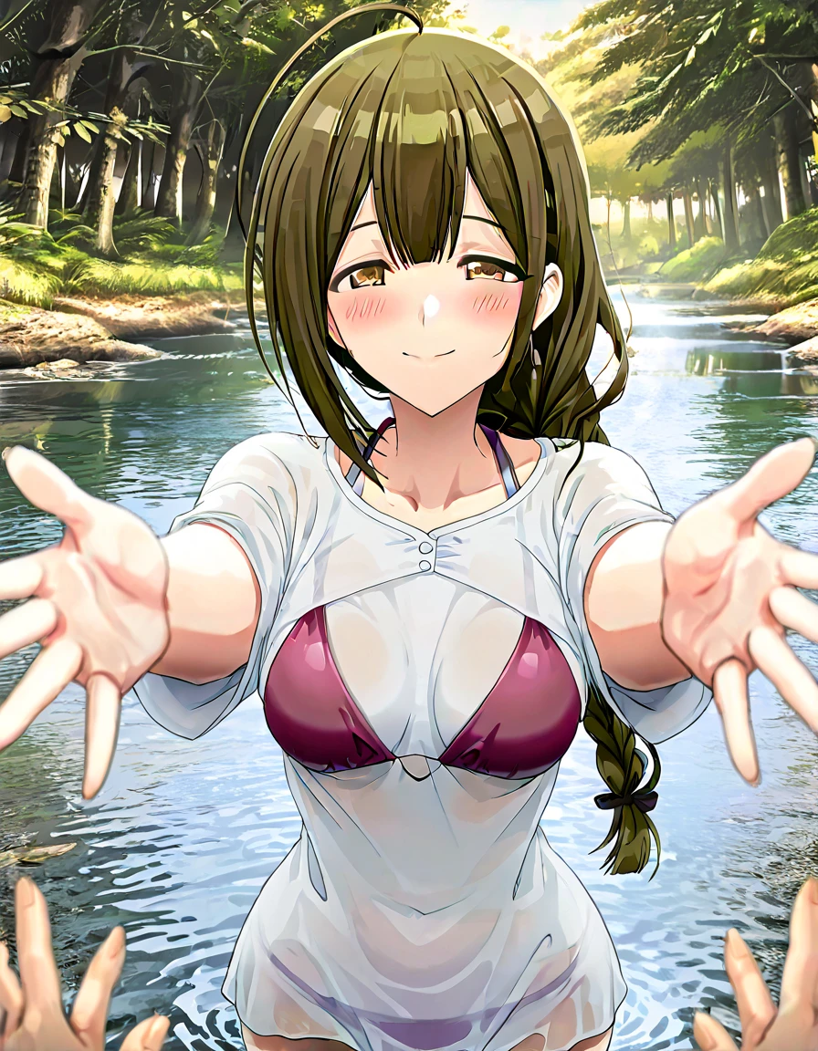 kirie, 1girl, solo, closed_eyes, breasts, smile, outdoors, tank_top, shirt, grass, yellow_shirt, closed_mouth, day, upper_body, collarbone, holding, blurry, facing_viewer, blurry_background, water, denim, sleeveless, anime_coloring, tree, pants, bare_shoulders, holding_clothes, ^_^, jeans, skirt, sleeveless_shirt, river, short_sleeves, close-up, depth_of_field, sky, outstretched_hand, towel, foreshortening