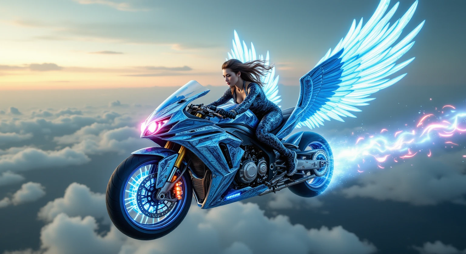 a vibrant and dynamic image of a fairy-like girl with long, flowing white hair, riding a motorcycle. The girl has large, colorful, translucent wings and is dressed in a blue and white outfit. She is performing a wheelie on a sleek white motorcycle. The background features a brightly lit cityscape with tall buildings and a golden, glowing sky, suggesting a sunset or sunrise. The scene is filled with motion and energy, with sparks and light trails adding to the sense of speed and excitement.