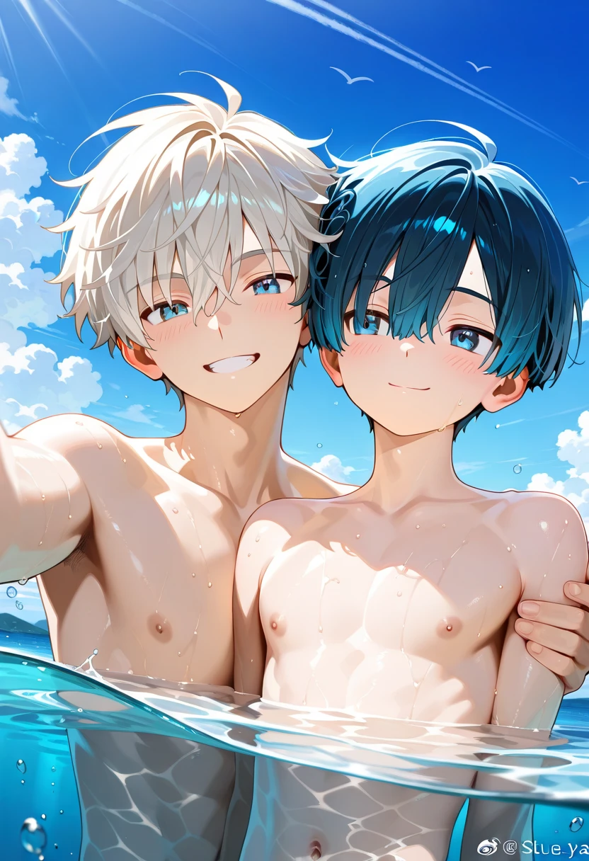 2 cute boys 12 years old skinny schoolboy very embarrassed shirtless exposure, a masterpiece with white hair and blue eyes in short white clingy swimming trunks, released uncensored, back view