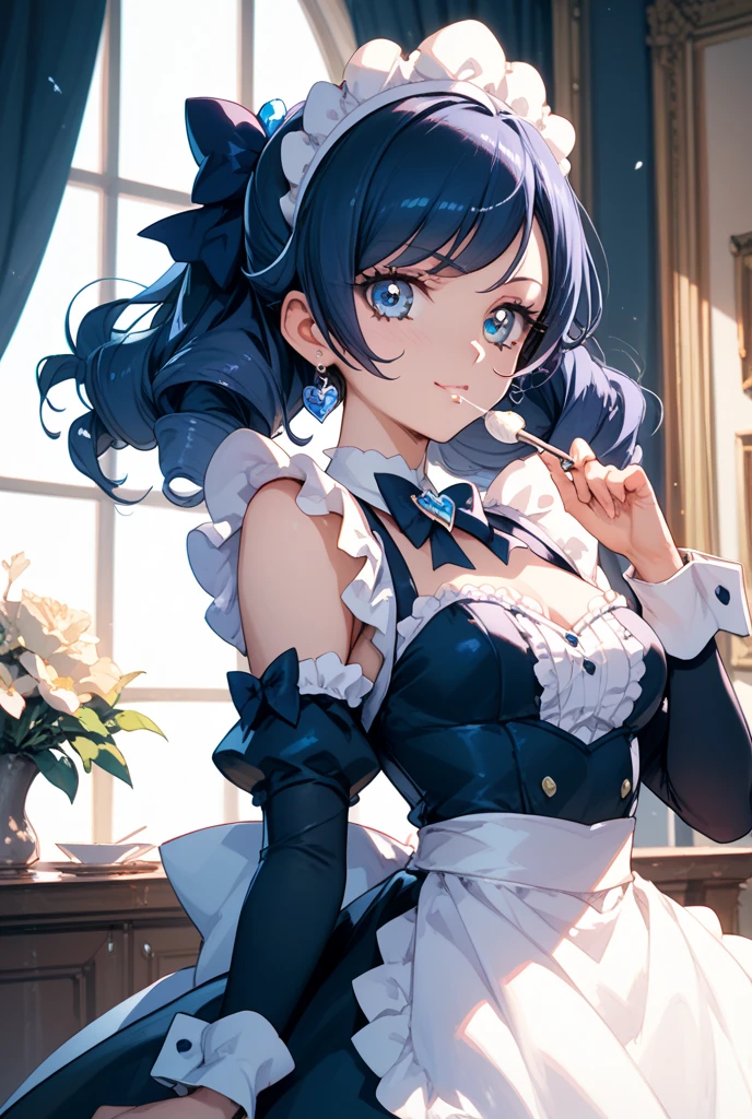 (Mona), 1girl, as a maid, wearing a maid outfit, at a home, Mona's hair, 8k, high detailed, high quality