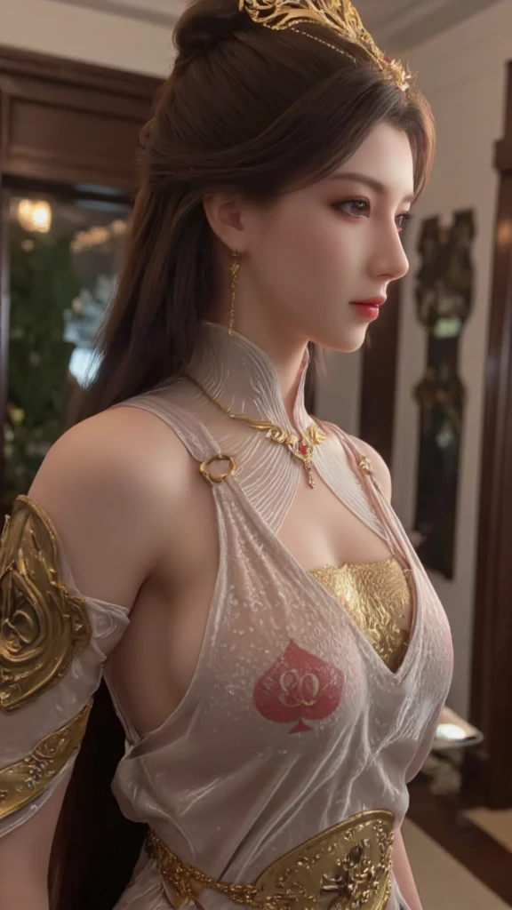 The Orders Appearance: A tall, lean yet muscular woman, with a long golden hair and eyes with black sclera, pale white skin and golden floral circuitry markings on her body, having a distinctive bust and a curvacious frame, she dons a white qipao with golden trims and hem and wears a golden Greek headpiece, detailed muscle groups and body frame.
