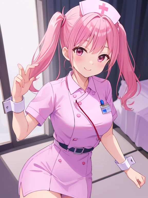 1woman, solo, nurse, white nurse cap, white nurse uniform, ((white legwear, zettai ryouiki)), white gloves, pink hair, green eyes, drooping eyes, pink lips, smile, standing, ((hospital room)), sharp outline, short sleeves, mature female, 32 years old, best quality, masterpiece