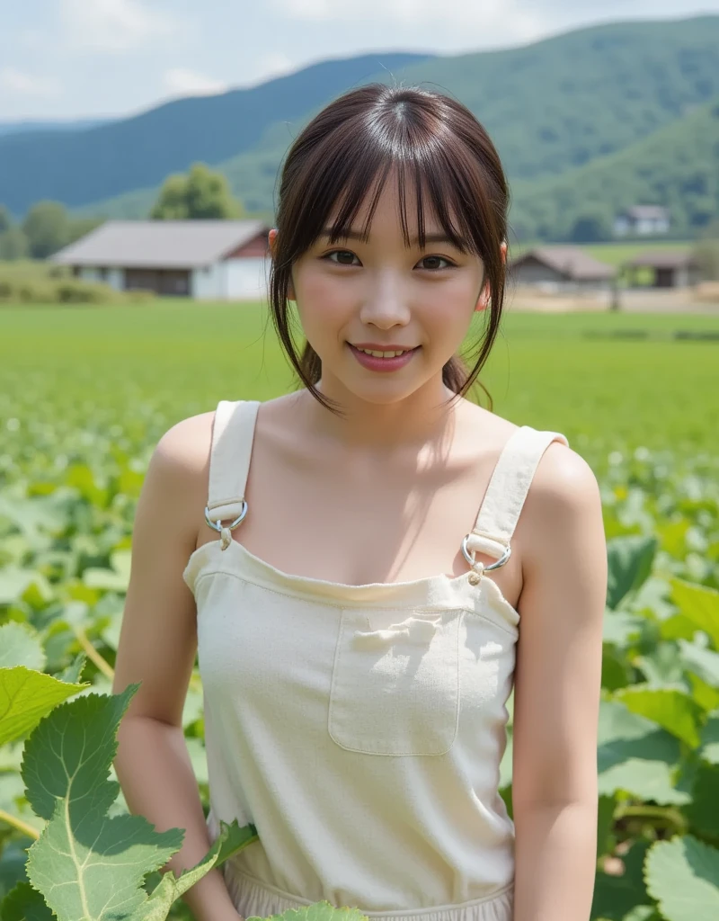masterpiece, realistic, 1girl , laugh, (silk sleeveless shirts), large , rice field, sunlight, (:1.2)
