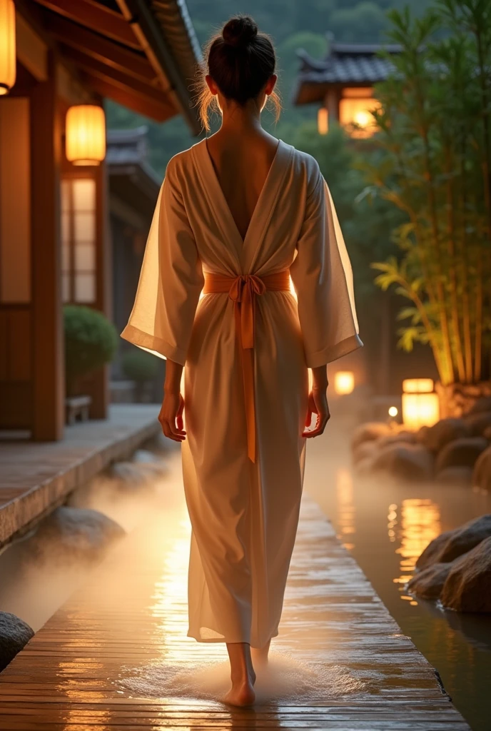Under the mesmerizing moonlight, in a serene Japanese garden, a beautiful woman in a partially undone kimono reveals her elegant shoulders and back. Her demure yet seductive gaze is full of hidden secrets. As she gracefully strolls along the garden path, she occasionally pauses to offer a fleeting smile towards the moon. The soft illumination of traditional lanterns creates an enchanting atmosphere, while her loosely tied hair waves gently, adding to her elegance and allure.