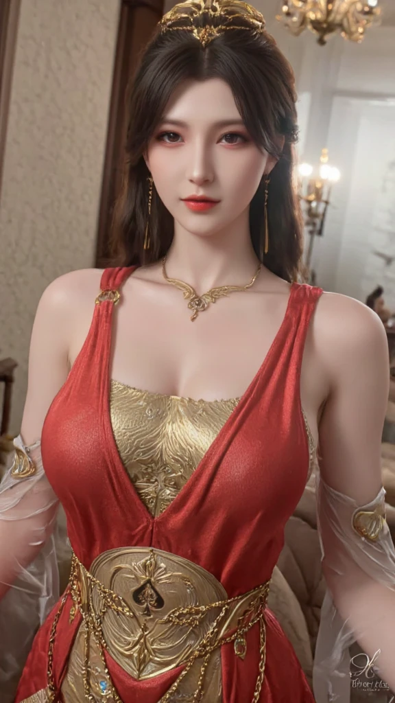 tmasterpiece,Highest image quality,Beautiful bust of noble mature aunt,Exquisite red updo hairstyle,Clear golden eyes,Decorated with tiara,choker,ear studpensive leather jacket,leg loopquisitely crafted jewelry,Ultra-detailed details,advanced。At the Pixiv Art Station,Break your own power,Louie,Big breasts exposed,,R-18G