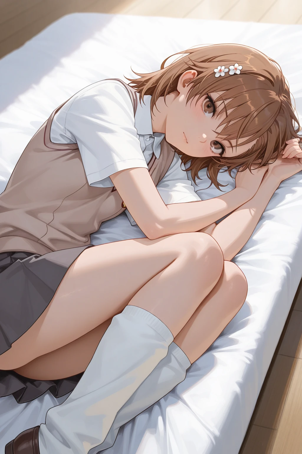 Mature Japanese 、(solo)、Thin legs、(Head to toe)、From above、Lying in bed、Spread your leg-shaped feet)、、(Black Pantyhose)、White panties visible through black stockings、Very beautiful 17 year old girl、(I'm not wearing shoes)、(Troubled eyebrows)、(blush)、(attractive)、(Open your mouth)、(Enchanted)、(lament) 、(Half-closed eyes)、Frightened Eyes、Shy big eyes、(The area with short brown hair)、(Banessy Hair、(Barrette)、Lying on white sheets、Staring at this、(White panties are visible)、 Cross your arms behind your back。 Groin、Frills、White Lingerie、tears、High Blazer、High White Blouse、High blue ribbon、High check and navy pleated skirt、Mikoto rose.、Brown Hair、Brown eyes