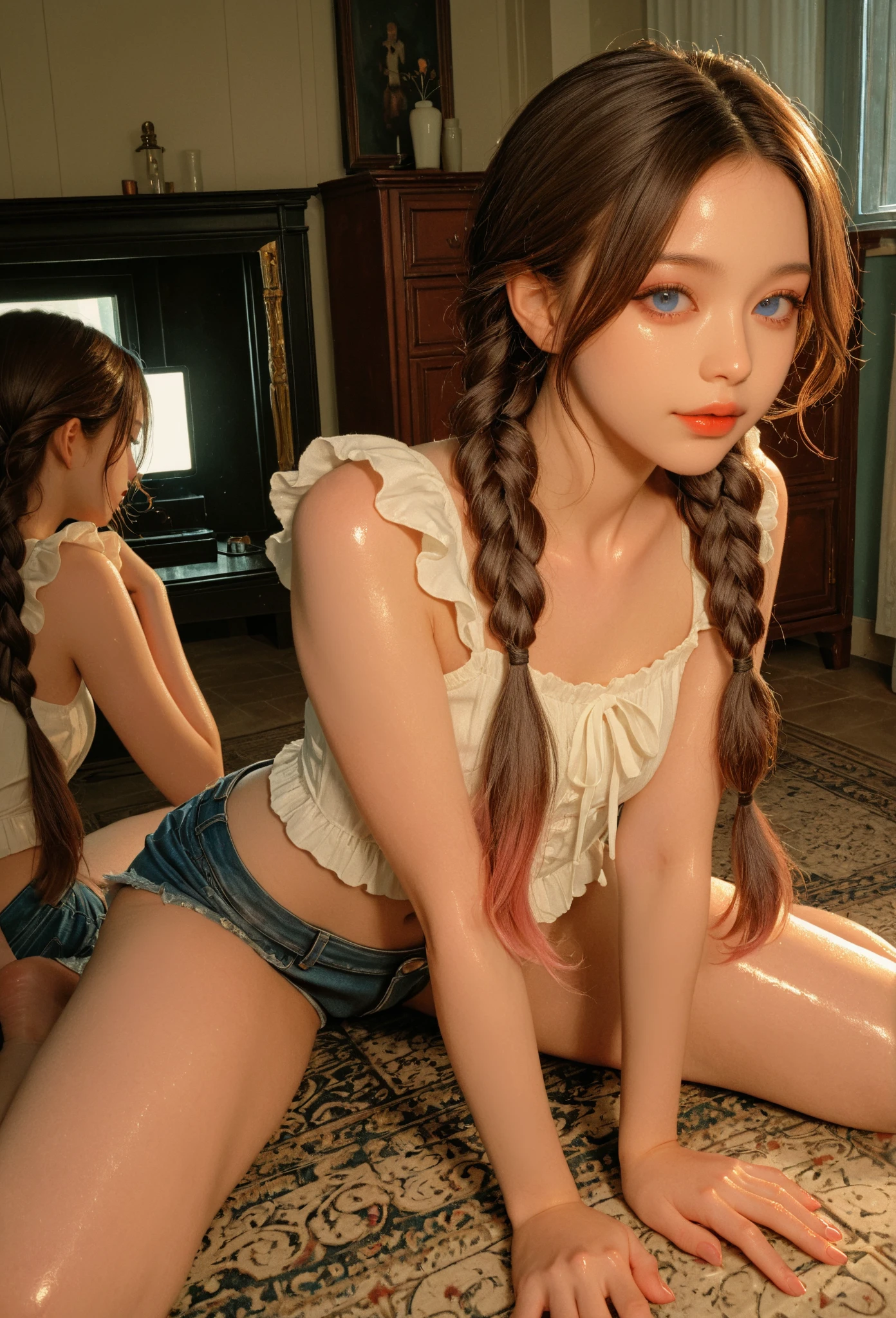 ((best quality)), ((masterpiece)), (detailed), 1girl, off-shoulder baggy sweater,clothes too big, exposing,(little chest),(big forhead:1.2),(beautiful big eyes:1.3),extremely detailed cute anime face, (((flat chest))),((((long twin braids,tight braids,long braid,braided hair,long hime cut,colored inner hair)))),intricate eyes,beautiful detailed eyes,symmetrical eyes,(((detailed face))),beautiful detailed lips,(nsfw)), ((downblouse, upskirt)),(baggy, sagging clothes, upskirt, downblouse), dynamic pose,looking at viewer, (((embarrassed))),(horrified expression),(crying),highres,(best quality),(ultra detailed,extremely detailed),perfect face details, ((masterpiece:1.4, best quality))+, (ultra detailed)+, long twintails, (white thighhighs), cute girl,blue clothes, (flat chest:1.3), NSFW, small breasts, prominent collarbones, skinny arms, flat stomach, visible hip bones, long hair, red hair, white hair, blonde hair, dark hair, ponytail, thick ponytail, heavy ponytail, small breasts, NSFW