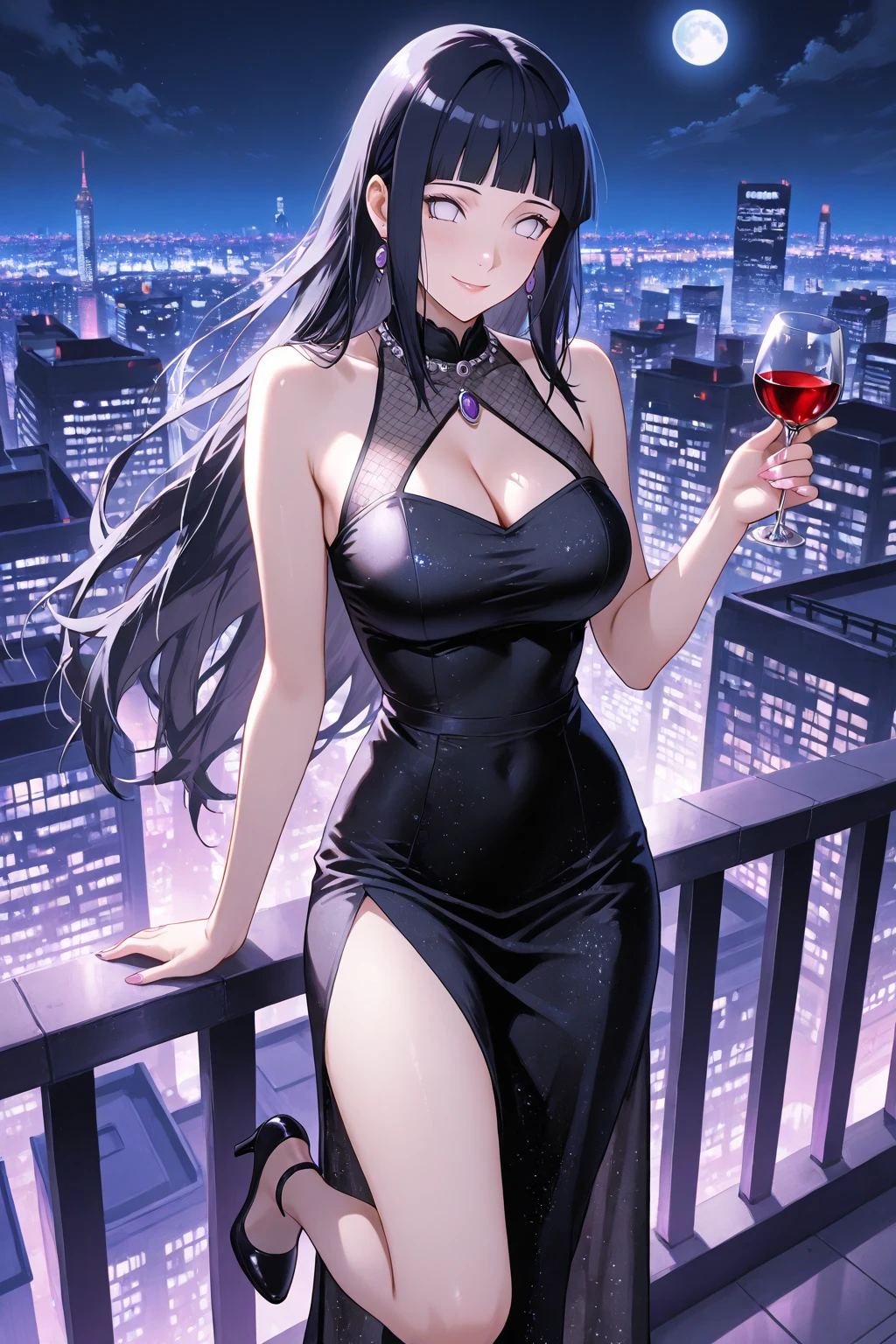 Highest quality、Ultra HD、One Woman、(Purple ponytail 1.3)、(Black Dress 1.3)、(Black Heels 1.1)、(Thigh 1.2)、((Shoot a gun 1.2))、(White ribbon 1.2)、(Beautiful face like a Japanese actress 1.2)、(Pearl Necklace)、tall、(Black wristband on right wrist)、Adult women、Slender body、((Large Breasts))、(Sunset city background 1.2)、((Clear and beautiful touch))