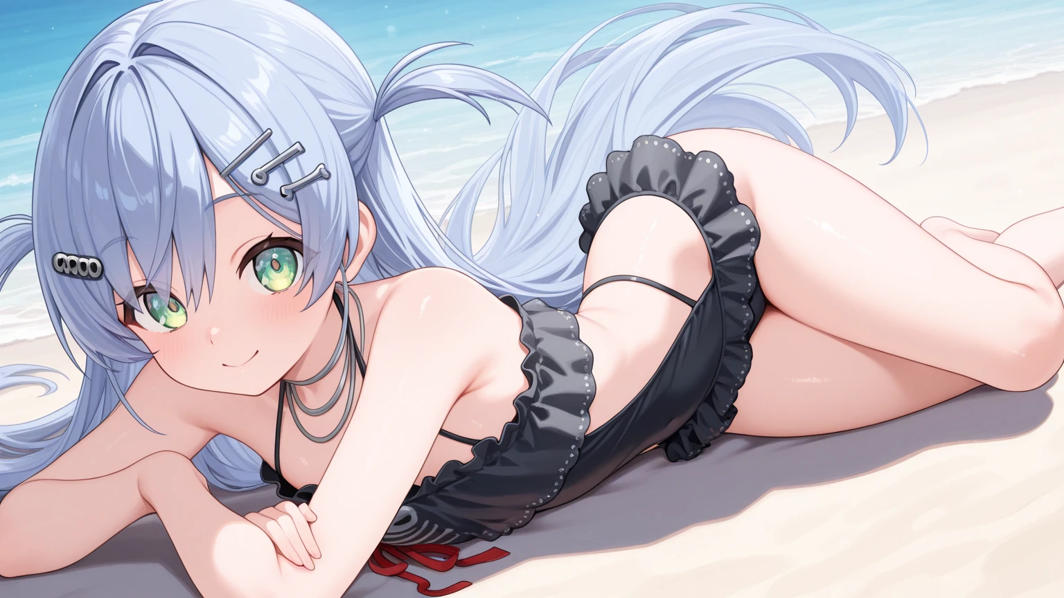 Elf Girl、8-year-old、Medium-long silver hair、Silver Eyes、Black bikini swimsuit、Seductive expression、