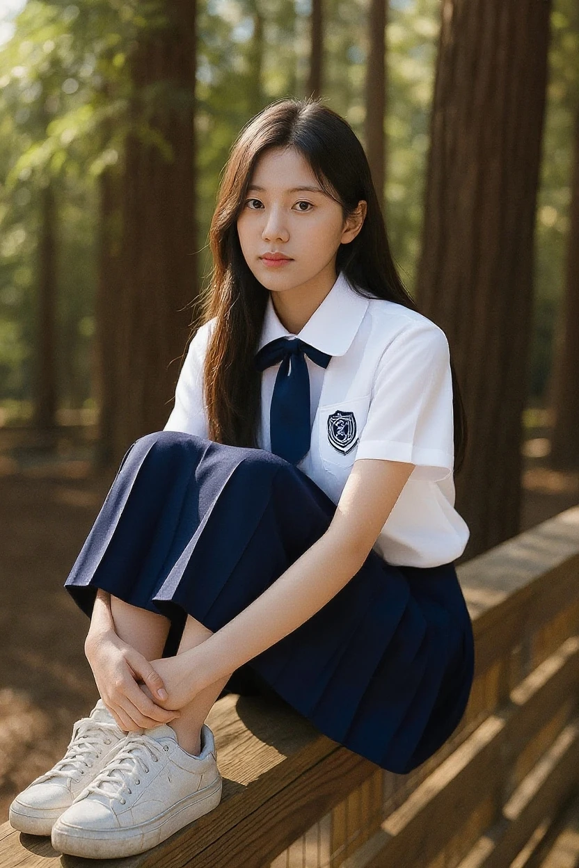 1 woman, 22yo, realistic, masterpiece, high detailed skin, looking at viewer, full body shot, scenic view, long hair, black hair
 <lora:Grey_School_Dress_By_Stable_Yogi:1> school uniform, grey skirt, grey sweater, shirt, tie, short sleeves, socks, boots
