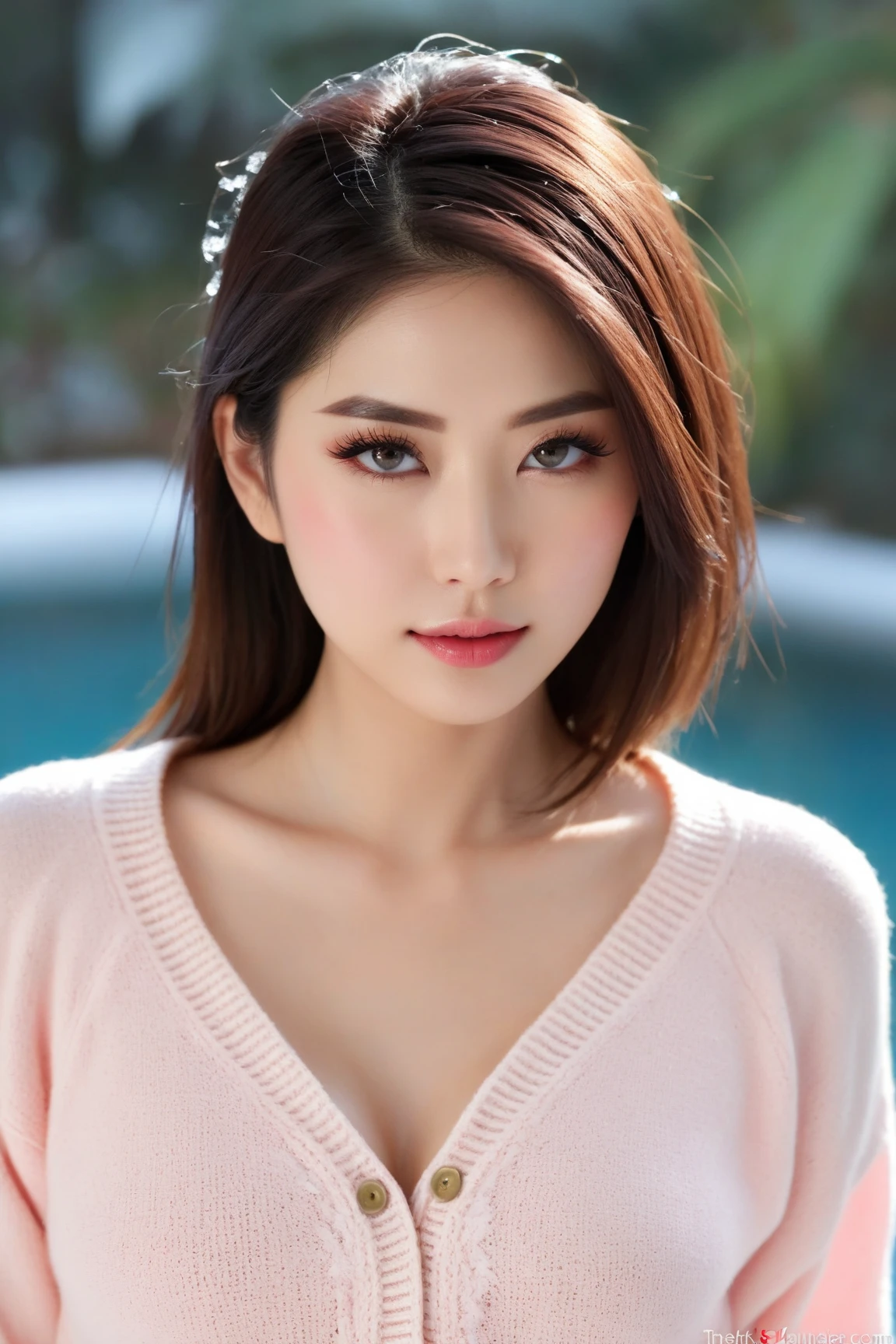 ((Photorealistic Lighting、highest quality、8k、masterpiece:1.3))、Clear focus:1.2、Browsing Caution (New South Wales) (New South Wales) (New South Wales):1.2,（:1.2）、((Realistic)) , ((Real Light、highest quality))、Model Body Type:1.4、(Dark brown hair、Proudly:1.2)、short hair、setting、Buckshot、(Age 25:1.3)、Highly detailed face、Detailed eyes、double eyelid、necklace、Wristband、Eyeliner、(big), (black and red dress), (House Party,Luxury House,There is a swimming pool)