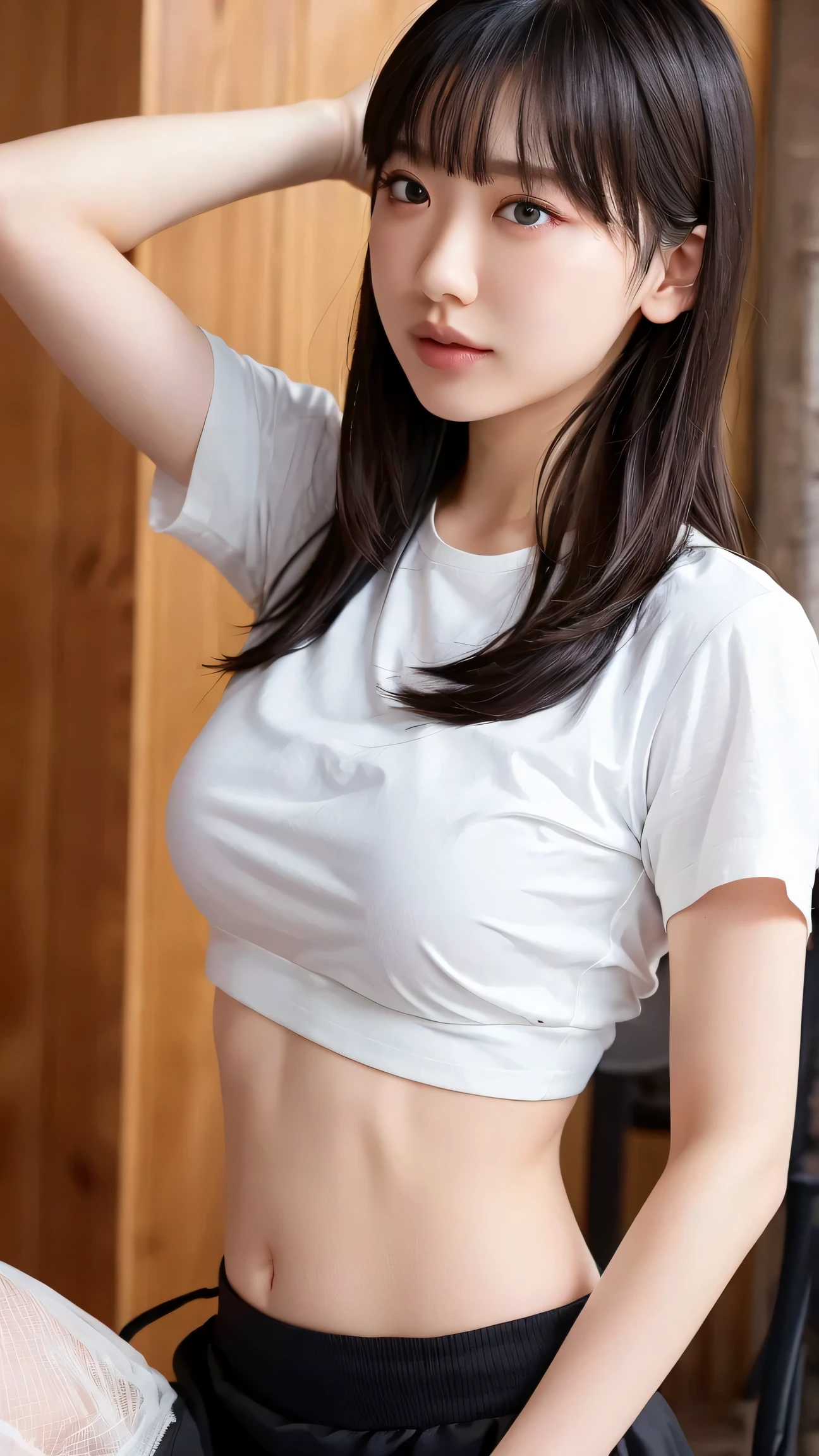 Tabletop, Highest quality, shape, Very detailed, finely, High resolution, 8k wallpaper, 完璧なダイナミックな構shape, Beautiful and exquisite, Medium Hair, Small breasts, Natural color lip, Random sexy poses,smile、20-year-old girl、Beautiful and dense face、Perfect and beautiful face,Big eyes、RAW Photos、spread your arms and legs wide、女性らしいポーズをwhole bodyで表現する、Beautiful and exquisite、Small face、Beautiful Duplex、Slim face and figure、White shirt、Beautiful golden ratio face、whole body