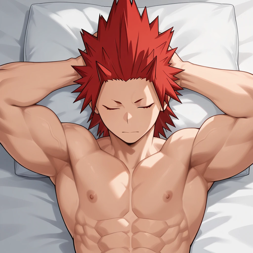 1boy muscular buff full body, masterpiece, best quality red eyes, 1boy buff man ((laying down)) ((sleeping)) dozing in bed, rugged face, solo, male focus, facing at viewer, top view, upper body, Natsu Dragneel natsu_dragneel, pink hair, closed eyes, shirtless naked, toned muscle, pectorals, 8 abs, toned legs, ((naked flaccid and scrotum)), slightly bulged, laying relaxing in a bedroom, open world night time, candles, detailed, dynamic lighting, dim lit, night time, ((wet body))