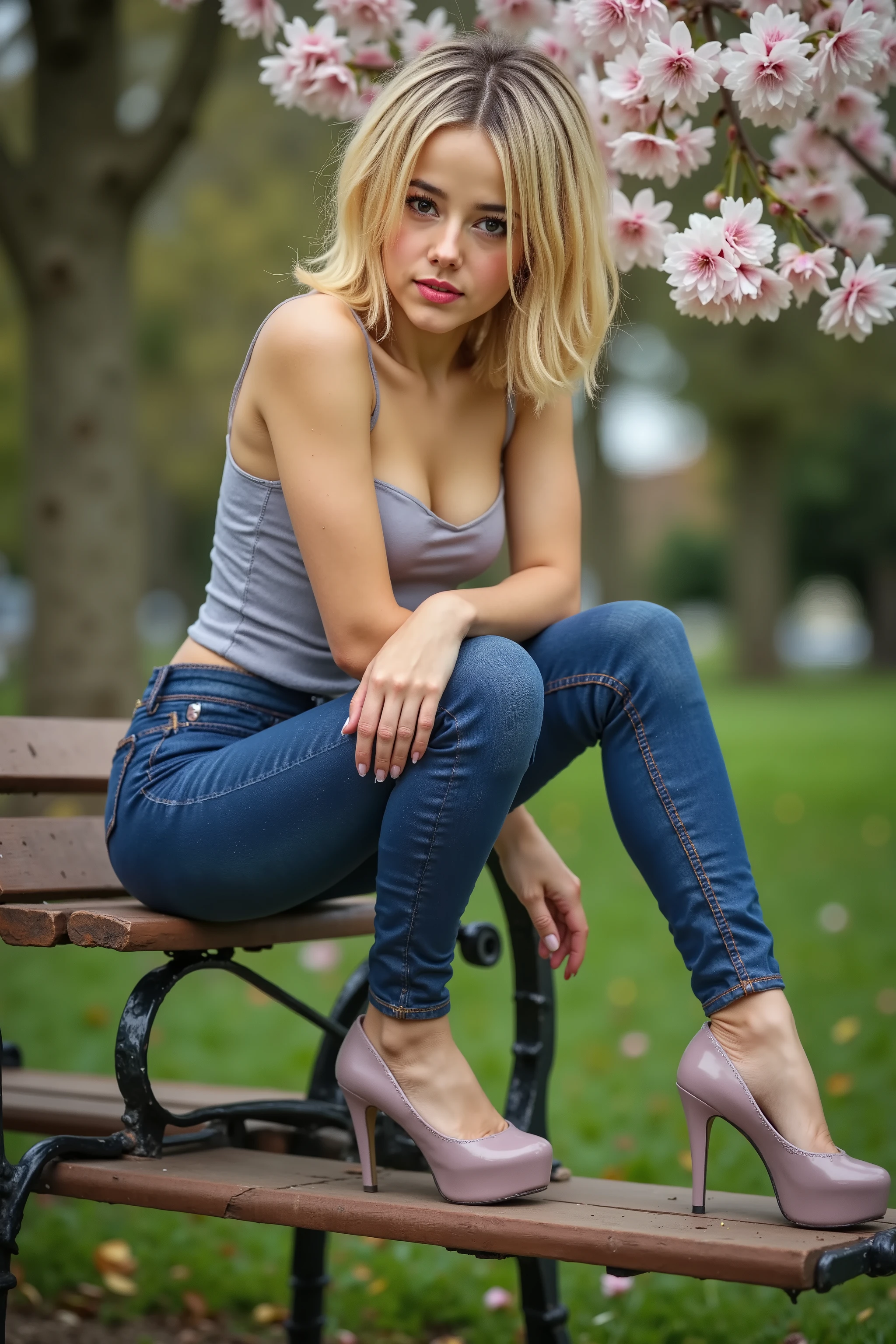 Spring glamour: Attractive blonde in figure-hugging jeans and high heels poses seductively on a park bench, How cherry blossom petals dance around her, her tight-fitting top caresses her body in a gentle breeze Marie Kruchkova Victoria's
Secret model , a couple of woman.Alone with my boss Jordana Brewster Selena Gomez Of course Lena Klum kissing