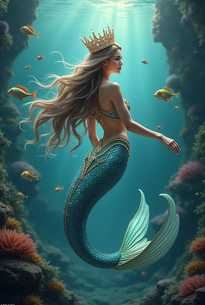 (１A young and breathtakingly beautiful mermaid)、(Full Body Portrait:1.9)、(Underwater light refraction)、(Buoyancy in water)、(dim)、Ideal proportions、Fish body、The body of a fish with scales from the waist down、Big Breasts、The faint light、Detailed Mermaid Features、Beautiful details and captivating grey eyes、Beautiful details and luscious lips、Highly detailed eyes and face、Beautiful detailed grey hair、Long eyelashes、Rainbow glowing scales、Elegant kneeling pose、Real、フォトRealistic、フォトRealistic:1.37、(highest quality、4k) 、8k、High resolution、Masterpiece: 1.2)、Super detailed、(Realistic、フォトRealistic、フォトRealistic: 1.37)、Fantasy、Magical Realism、Cinematic lighting、Dramatic lighting、Dramatic color contrast、A little bright color among the dull colors、Intricate details、seamless、Cinematic composition、Award-winning digital art
