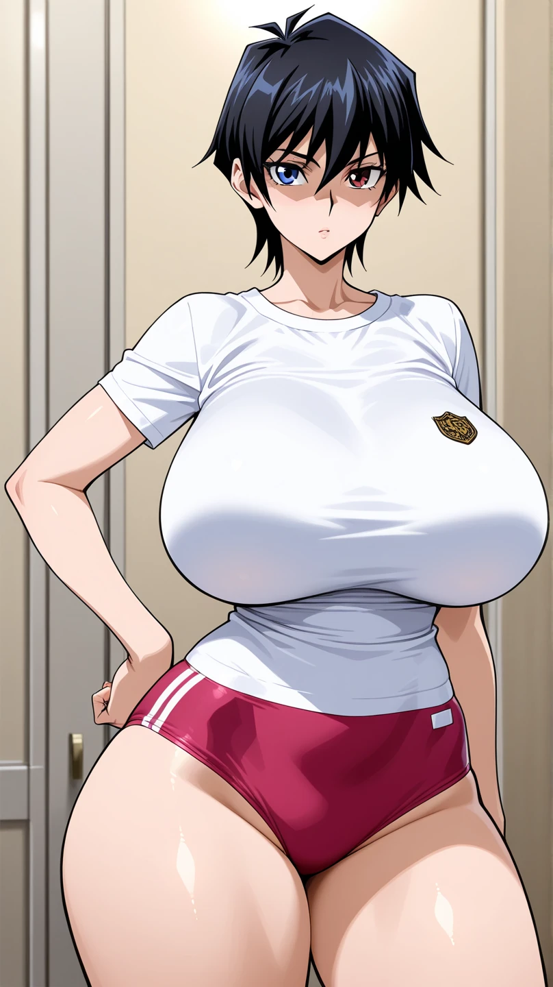 masterpiece, highest quality, High resolution, One girl, alone, sexual intercourse, Pornographic images, short hair, etsukoto, Brown eyes, fine grain, fine grain, (((Thick thighs, Plump thighs, Voluptuous thighs, Thighs alone are enough))), Huge and ample breasts, Cleavage, Huge long breasts, Naughty big,((Big breasts are important))、((Naughty thighs)), L Cup, (thin:1.4),(Tight waist:1.4), (((white gym shirt, red buruma))), anguish, :o, blush, (((Simple Background))), ((Wide Hips)), Shiny, Oily skin, Mature mother, Calf, Seductive mature woman, Perfect body, Plus Size Model, curvy, ample, etsukoto, blush, clavicle, retro artstyle, 1990s (style), (thick thighs:1.4), (((bursting thigh))), stretching, arms up, from side, ((open stance))