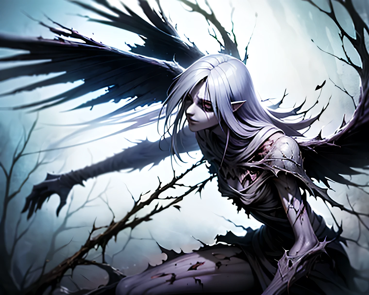 Grimdark fantasy, corrupted fairy queen with torn wings, black ichor dripping from her eyes, adorned in thorny vines and shattered crystal armor, long silver hair floating unnaturally, arcane energy swirling around, hyper-detailed, ethereal, no background