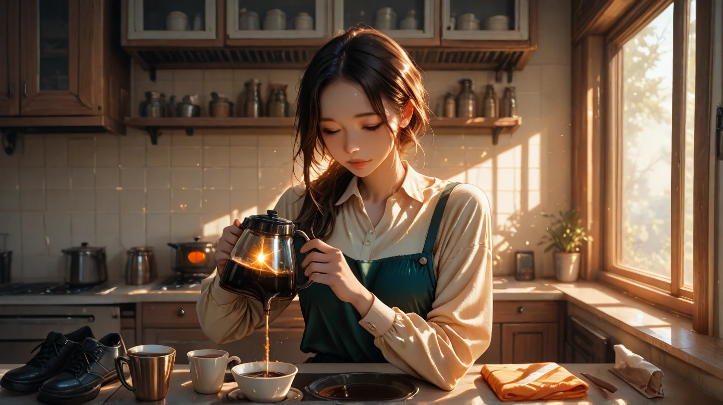 A girl in a coffee shop, enjoying a hot cup of coffee, with steam rising from it. The coffee cup is made of porcelain, with intricate patterns and a delicate handle. The coffee is a dark roast, with a rich aroma. The girl is sitting at a cozy table, surrounded by vintage furniture and warm lighting. She takes a sip of the coffee, and her face reveals delight and contentment. The steam swirls upwards, creating a mesmerizing pattern in the air. The atmosphere is relaxed and inviting, with soft jazz music playing in the background. The coffee shop is bustling with activity, as baristas prepare drinks and customers chat animatedly. The colors in the scene are warm and inviting, with subtle hints of brown, orange, and gold. The lighting highlights the details, casting soft shadows on the girl's face and illuminating the coffee cup. The overall image is of high quality, with crisp details and realistic textures.