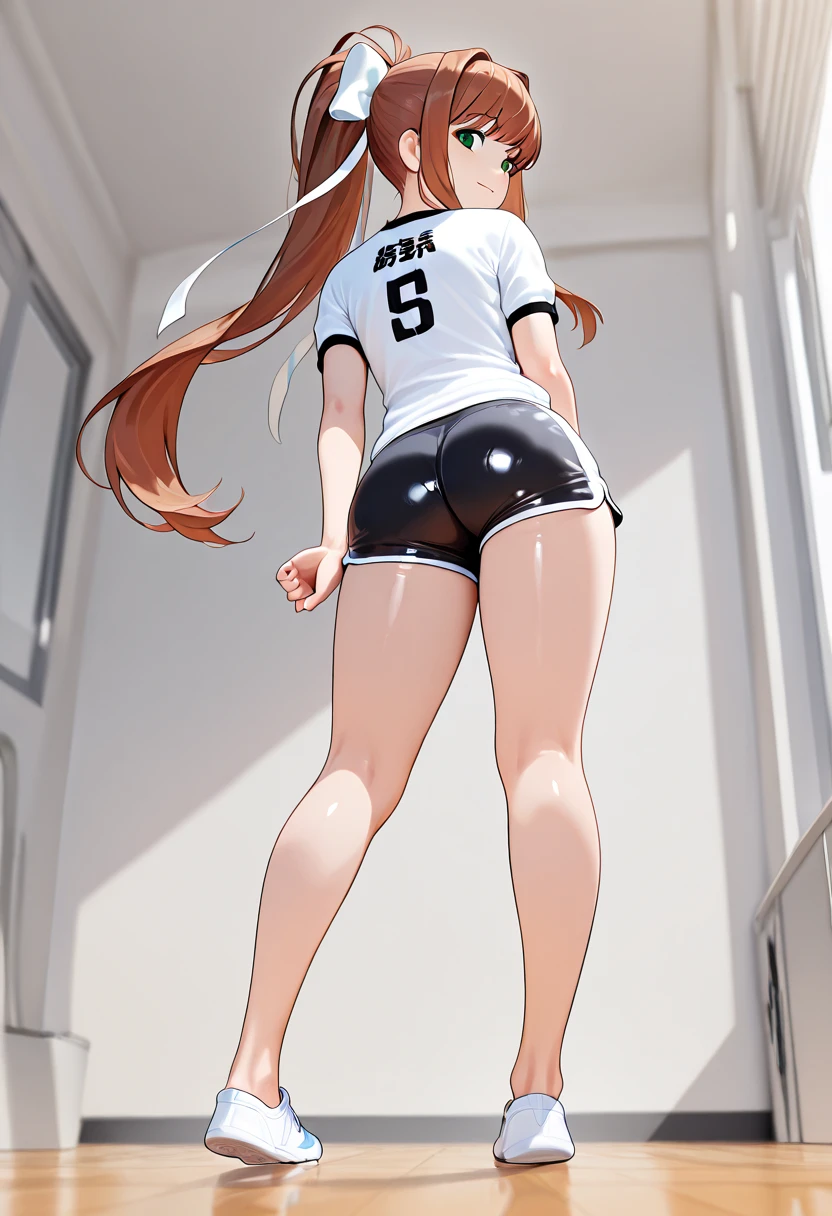 brown hair, Overwatch, D.VA, very long hair, Pink Headset, Dva Facepaint, hypnotic brown eyes, pupils sparkling, hands pushing against the wall, seductive smile, (Big ass), (thick thighs), from behind, from below, ((black bikini)), UHD, masterpiece, high details, high quality, best quality, highres, super close to perspective