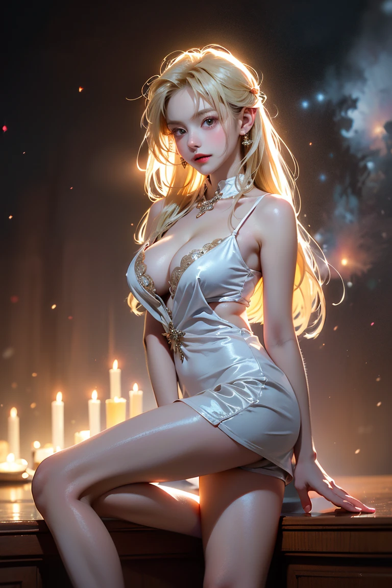 25-year-old Caucasian woman、ash blonde、blue eyess、Semi-long、setting hair、I'm tying my hair、My hair is wavy、Slender but thin macho、accessories on the wrist、wearing a chain necklace、Beautiful breasts、a smile、I need space above my head、Wearing a high-leg retard、Wearing heels、(((cleavage)))