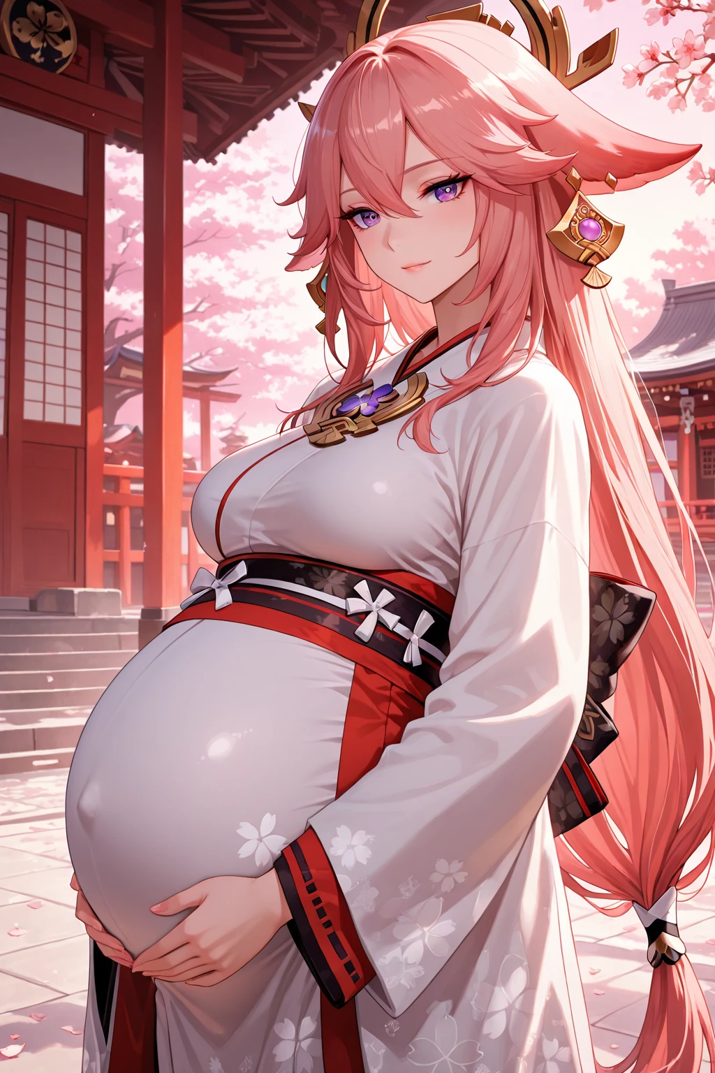 masterpiece,shogun, 1girl, solo, long hair, looking at viewer, hair ornament, thighhighs, long sleeves, ribbon, holding, cleavage, purple eyes, weapon, purple hair, braid, flower, japanese clothes, sword, wide sleeves, kimono, holding weapon, mole, blurry, sash, mole under eye, holding sword, obi, shoulder armor, tassel, bridal gauntlets, stairs, purple flower, vision (genshin impact), obijime, tomoe (symbol), obiage, mitsudomoe (shape),pregnant belly,smile,jumping,high quality,4k,big breasts 6.0