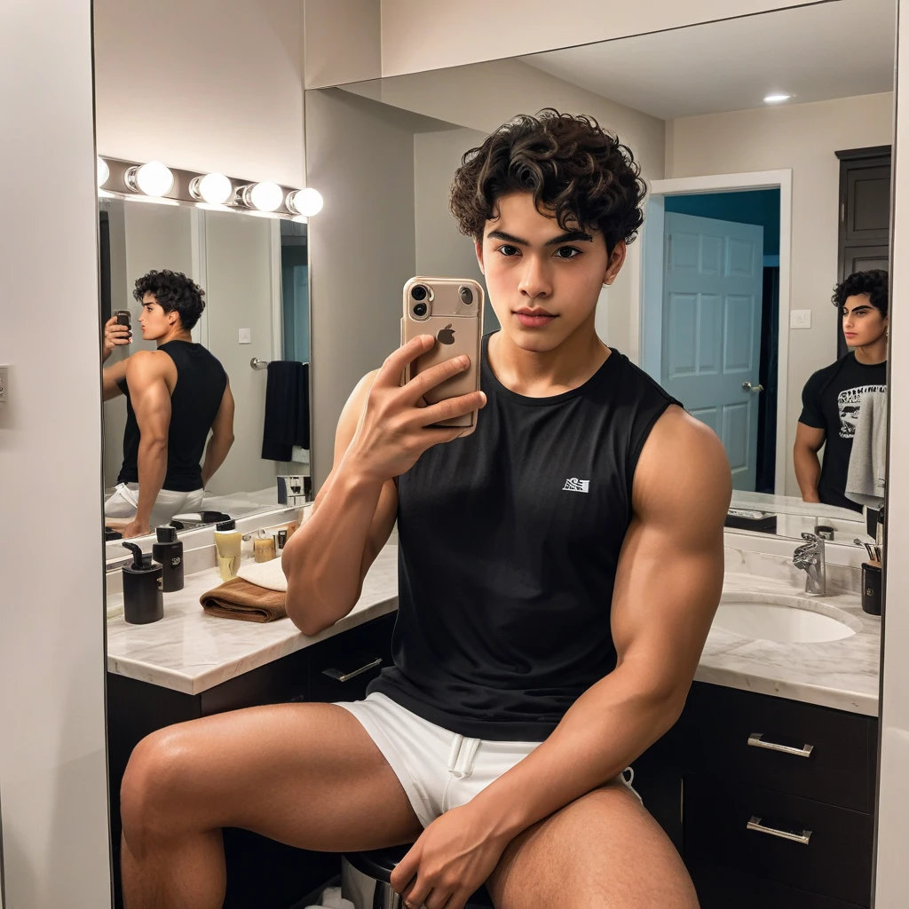 Handsome man , light bears, hot muscular body , medium curly hair , mirror selfie in the bathroom 