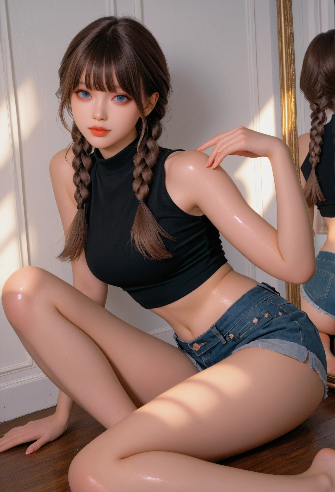 Anime girl wearing a lime green crop top with no sleeves and ripped jean shorts belly,thighs,arms,bit of boob