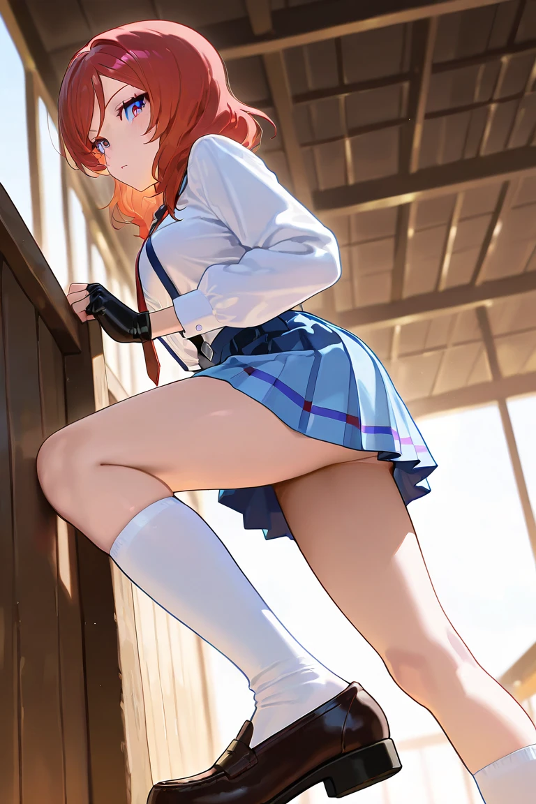 Asuka Langley Soryu，blue eyes，Hair between the eyes，hat，Interface Headset，Orange Hair，赤いribbon、ribbon、uniform、skirt、Tokyo No. 3 中学校のuniform、，Show me your pants、Lace black underwear with a very small area、Big Breasts、((Small Head)）、1 female、Sexy pose standing on one knee、(RAW Photos:1.2)、(Realistic:1.4)、Laughter、Textured skin、Highly detailed eyes and face、Beautiful and detailed、double eyelid、Large file size、(Enhances the beauty of skin texture:1.1)、High resolution、Highly detailed skin、highest quality、8k wallpaper、Cinema Lighting、Big Breasts,Fascinating underwear、Spread your legs、Solo with visible breasts, (curve:1.1), Looking down at the viewer, There is a smile on his face, ((From below:1.5)) Looking Back, ((Leaning forward)), View from behind, Long Hair, lipstick, Compensate, Ultra detailed hair, Highly detailed face, (Purple eyes:1.05), Perfect Eyes, Perfect Face, Earrings, (Confused, blush:1.2), , (Black knee socks, garter belt:1.1), zettai ryouiki, , High heels, (Big Breasts:1.1), Cleavage, Big Ass, Thighs Thighs Thighs Thighs, Showing panties, ((ロールアップしたskirt裾から股間まで))