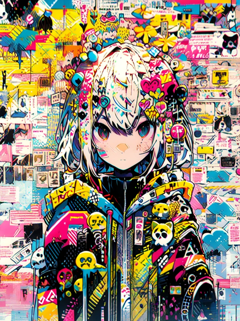 akira toriyama style、"cute, beautiful, Adorable girl wearing pink clothes, yellow, and baby blue color scheme. She is wearing a costume with a SKULL motif inspired by a female pirate.。.。.。.。.。.... Fashionable hats, rock、Comes with decorative accessories such as hair clips. Embodying the vibrant and modern Harajuku fashion style。."