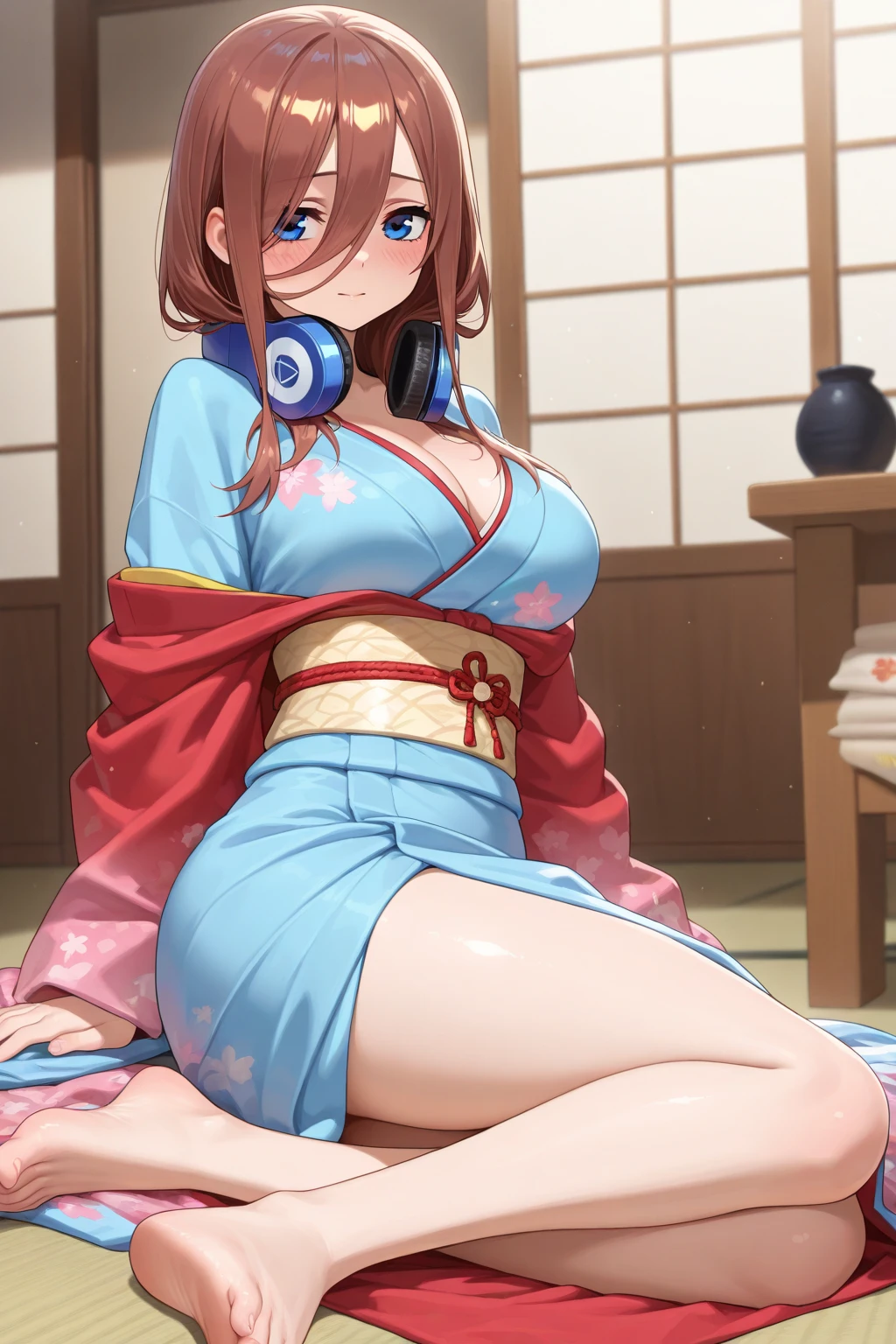 1girl, masterpiece, best quality, medium full shot, nakano miku, brown long hair, hair between eyes, headphones, off shoulder yukata, large breasts, busty, smiling, (blushing:1.4), lying on bed, sexy body, (from above view:1.3)