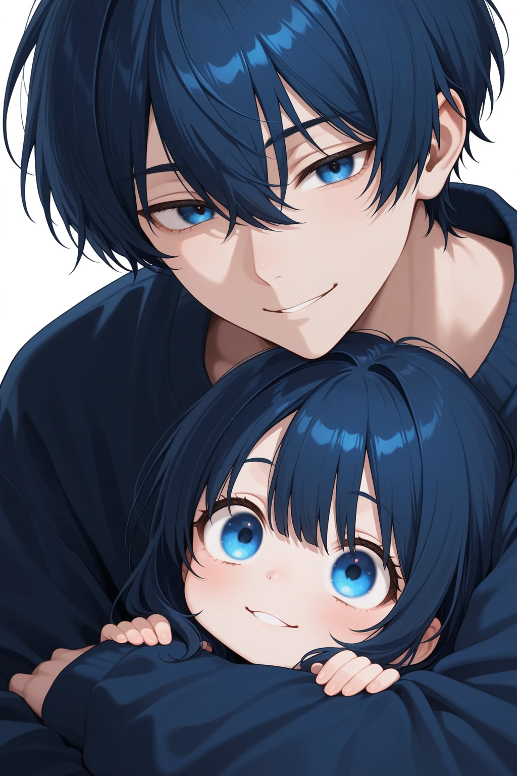 A light-skinned man, Dark Blue Hair, turquoise blue eyes, wearing a black long sleeve shirt, a pair of blue jeans. Holding a 3 year old, de Dark Blue Hair e turquoise blue eyes, wearing a lilac dress, anime styling