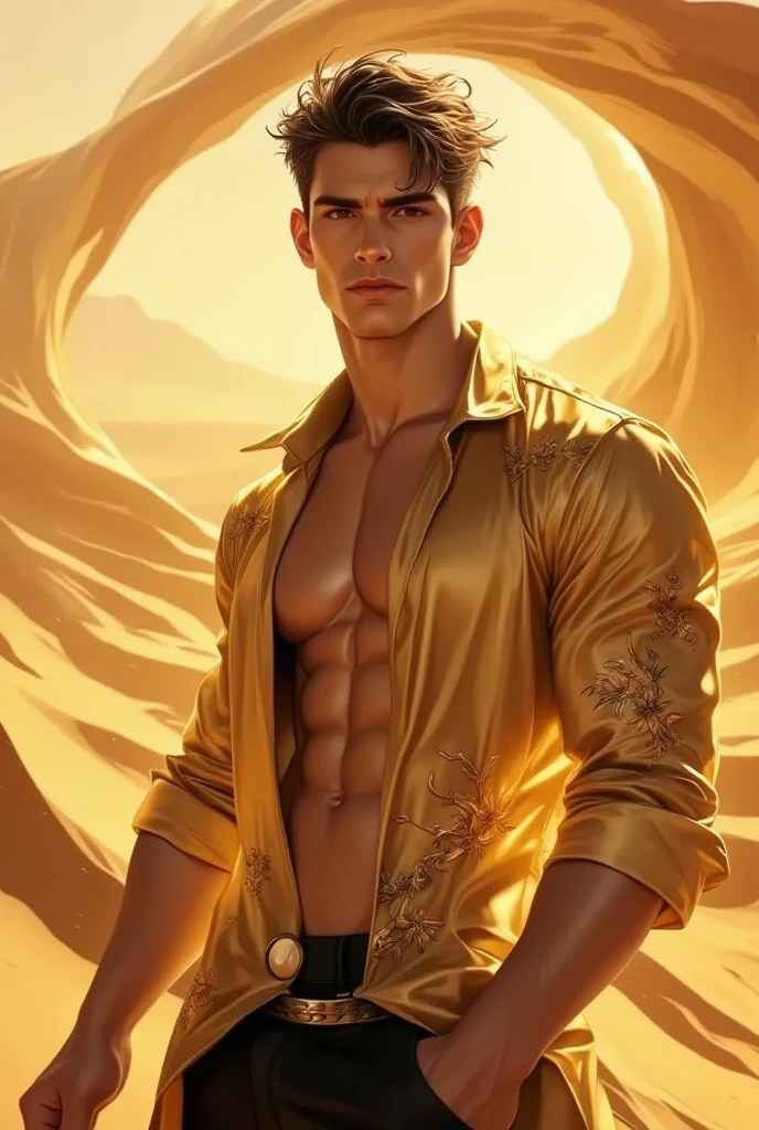 an epic detailed llustration of Chris Redfield, shirtless, cosmic atmosphere, wearing a small string white jockstrap, in a style of surrealism, both arms are above his head, hairy chest. he is wrapped in straps of gold, wearing a small string white jockstrap, with abstract fire elements, wearing a white small white jockstrap.