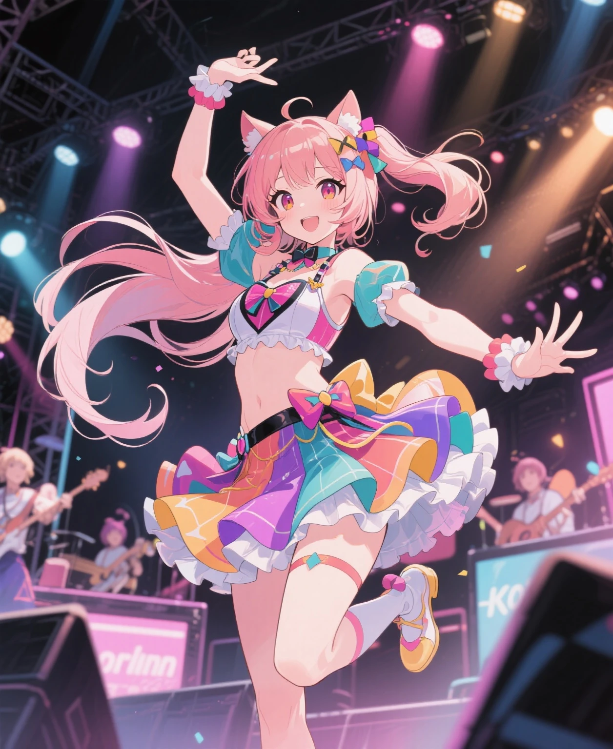 Thick: 3, 8k, masterpiece, dynamic angle, upper body, ((Detailed eyes and detailed face: 1.2))))), (Perfect human hand, perfect human 5 fingers)))), ((Perfect human foot)), Upper body, 2 girls, Smile, Wolf ears, Wolf tail, Pink eyes, Hair between eyes, (Wink))), D cup, cleavage, striped hair, (Variegated hair colors: 1)))), ((((Random hair color: 1)))), variegated hairstyle: 1, twin tails, ultra-detailed gradient hair, ((((T-shirt with kagenari letters)))), ruffled dress, love live, jewelry, best stage, climax, professional stage, ((((Perfect singer holding the microphone with left hand and singing emotionally, perfect singer, screaming: 1.2, overflowing emotions, Best smile))), Singer, Vocalist: 1, Idol, Diva, Professional Stage, Professional Lighting, Live Lighting, Distract Your Gaze, Fan Service: 1, ((Singing in the middle of the stage in the background, AI spaceship: 2)))), ((Singing on stage in the AI spaceship: 2)), ((Singing on stage in AI spaceship: 2)), (Panchira, cute panties)), full audience