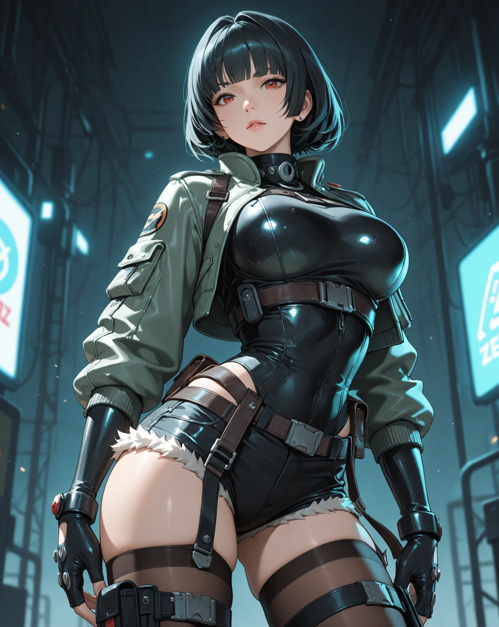 Masterpiece), (High Detail), Intricate Detail, Depth of Field, Backlit, Award-winning, High Quality, Best Quality, 8K, Illustration, 1 Girl, Simple Background, 8k, Perfect, Shiny oiled skin, Crouching, (Anime style), ((Mature Woman)), Female Policeman, Black Belt, Open Wear, Leather Jacket, Short Brown Hair, Police Badge, strap on chest, big rifle, gun, simple background, thigh height, black leather boots, provocative pose, high leg, high leg laces, night, bare breasts, dressed clothes, boobs, side boobs, cleavage, police uniform, baseball cap, headset, under boobs, (((low leg laces)), (((skindentation)), panties pulled down, exposed, dripping juice, ( big shiny big), sitting with legs open,