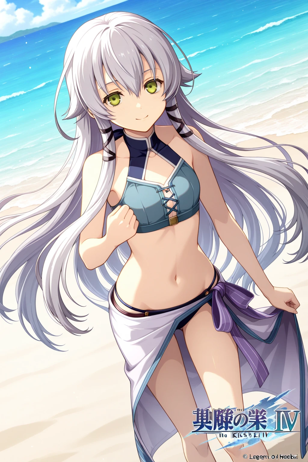 sexy, white hair, medium breast, Emilia re:zero, purple eyes, Emilia, crown braid, x hair ornament, flower hair ornament, white hair, long hair, medium breasts, side tie bikini, slim legs, long hair, sunny day