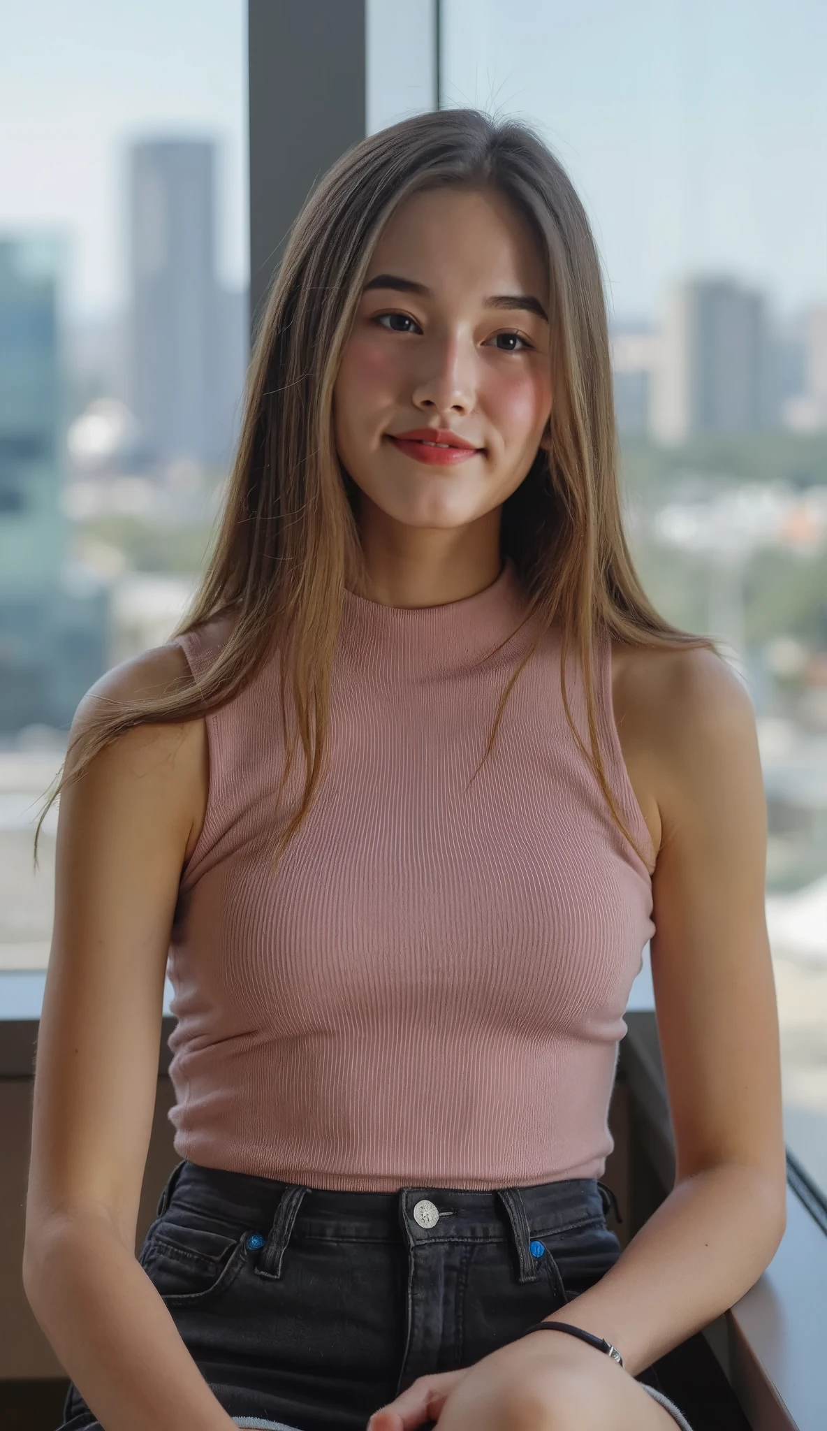 A young woman with long, straight hair sits against a large window in a modern setting. She wears a form-fitting, light pink ribbed tank top and black denim shorts. Her expression is calm and confident, with a soft smile. The background features a blurred cityscape, indicating an urban environment. Natural light illuminates her face, enhancing her features