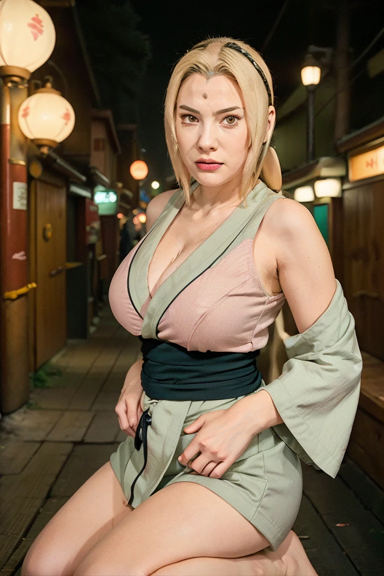 extremely beautiful TsunadeNS, subtle makeup, golden hour, photorealistic, high contrast, 8k HD, detailed, hyper-detailed, fair skin, realistic skin texture, kimono-style blouse with no sleeves, held closed by a broad, dark bluish-grey obi that matches pants, revealing sizeable cleavage, best quality, ultra high res, raw photo, dramatic lighting, unreal engine, diffuse glow, outdoor, night theme, clan house, kunai, starry night, bushes.