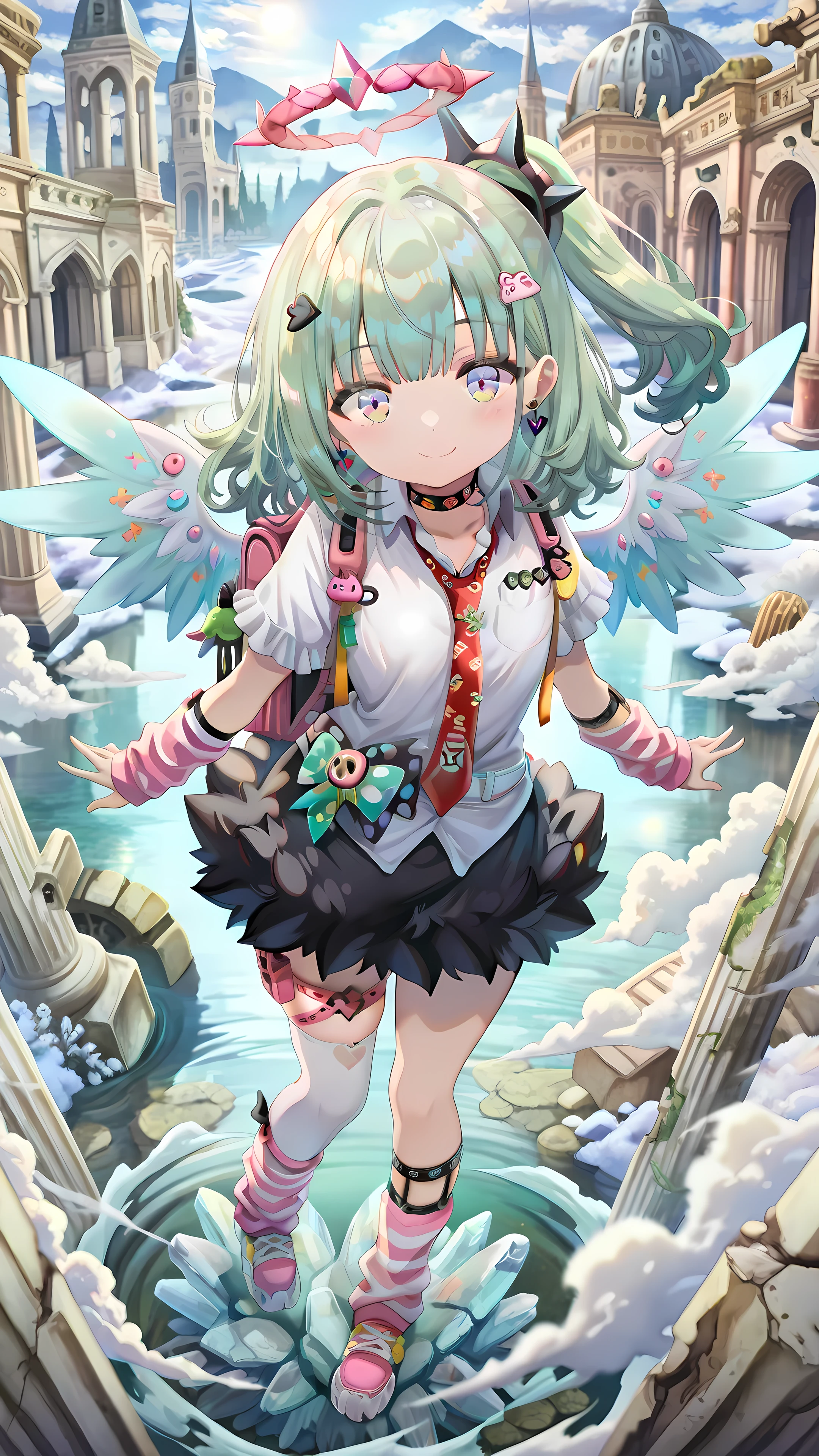 torino_aqua,,score_9, Score_8_up, Score_7_up, Score_6_up, Score_5_up, Score_4_up, Source_authentic, masterpiece, best quality, amazing quality, very aesthetic, high resolution, ultra-detailed, absurdres, newest, scenery,(depth of field:1.5),
(super fine illustration,professional quality,ultra high res), beautiful detailed eyes,
(high brightness),
break
chinatsu remiel \(zenless zone zero\)
looking at viewer,full body,closed mouth,solo, light green hair,aged down,multicolored eyes

striped socks,hair ornament,choker,black skirt,red necktie,wings,pink footwear,backpack,white shirt,loose socks,white thighhigh,striped socks,fur skirt,single thighhigh,striped clothes,thigh strap,short sleeves,leg warmers,earrings,

((extremely detailed background)), Lots of elements in background,((super-detailed background)), runes, sigil, slavic mythology, wind stream, tundra, burned conifer, ruins of ice, winter, fog, ((8K wallpaper)), 

1girl,
cheerful smile, Glossy eyes, Animated, Seductive, Erotic, Glossy skin Thighs, Sexy, ideal ratio body proportions,
(Cute Illustration: 1.3), (High Saturation: 1.3), Cute face and eyes, Dynamic lighting,
Powerful scenes, battles scenes, attack, looking at viewer,  (dynamic angle: 1.2),