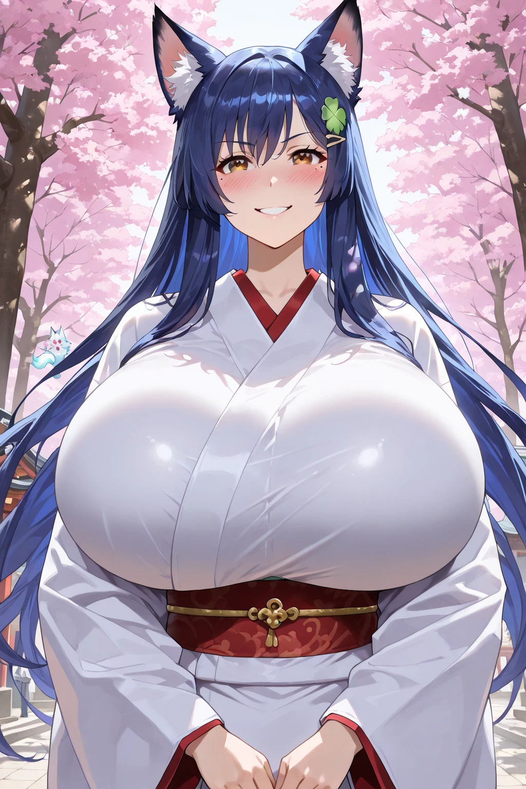 Girl in Japan traditional costume, 1 girl, breast, animal ears, horns, solo, hair ornament, kimono, side bob, big breasts, ahogae, looking viewer, blue hair, animal ear fluff, smile