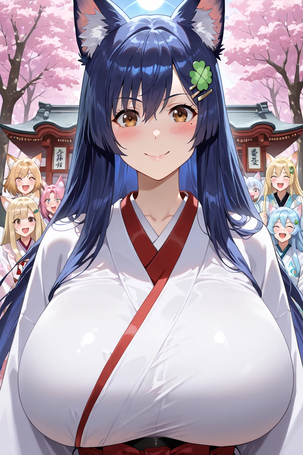 best quality, insanely detailed, nino nakano, kimono, breasts, blush, outdoor background, smile, nipple