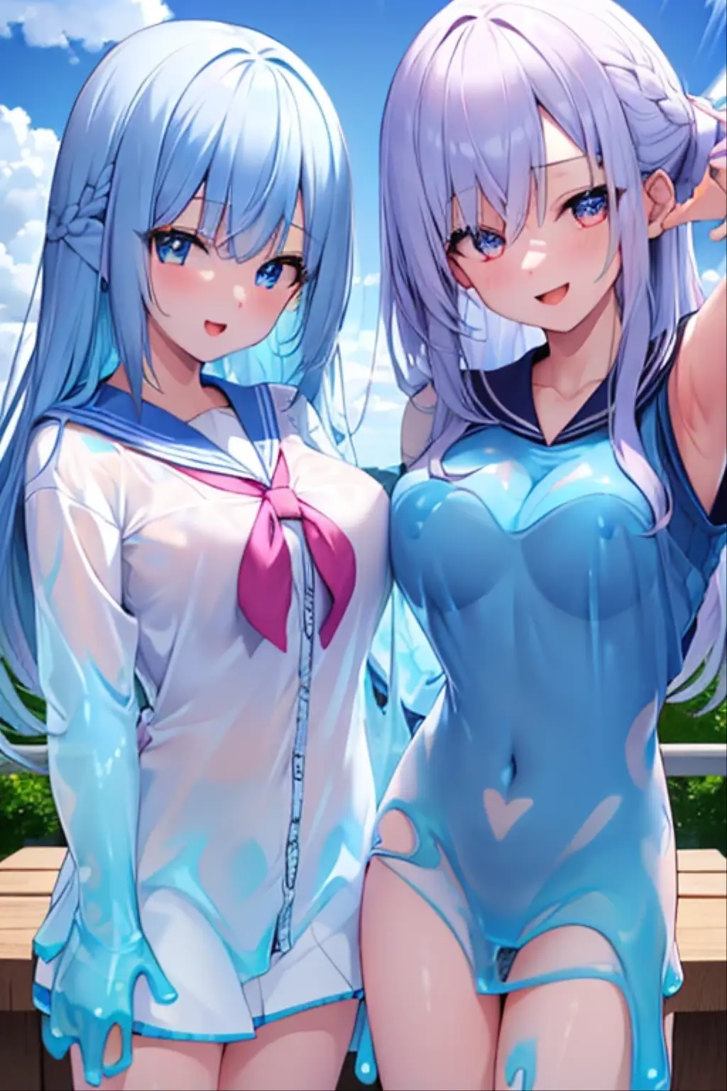 ((A plump and squishy lady:1.3)),((surprise!!:1.3)),(((Women's Lace Panties,((open crotch pantie)),transparent,Erotic lingerie,Big size,Open crotch underwear))),Highest quality、High resolution、Detailed Background、(Beautiful face in every detail:1.4)、Five of the cutest young girls, around 6 to , are participating in a swimming lesson at a Japanese elementary school. They are wearing bright blue school swimsuits with matching white swim caps. Each girl has a unique and adorable look—one with pigtails, another with a single braid, and the rest with their hair styled in various cute ways. They are in the middle of the pool, practicing their strokes with cheerful expressions. The scene is set in an outdoor school pool with clear, sparkling water. The girls are surrounded by a lively, sunny environment with the school's red-brick building and a few cherry blossom trees in the background. The mood is playful and joyful, capturing the girls' enthusiasm and the fun of learning to swim.