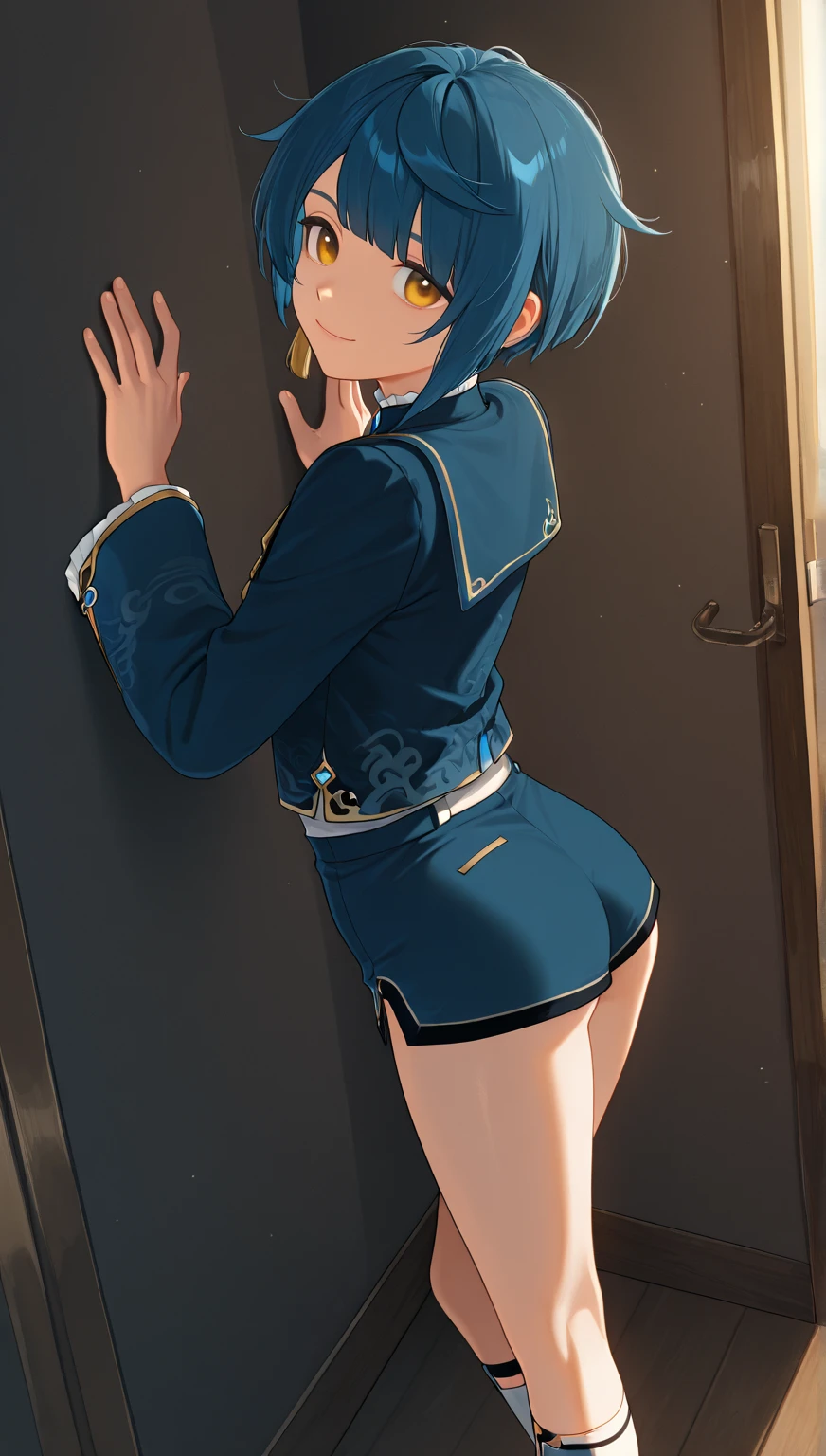 Aqua konosuba, looking behind her, light blue hair, blue eyes, view from behind, blue chothes, no panties, butt view, stretching on the table, wet pussy, detailed body, nsfw, (best quality,4k,highres,masterpiece), artistic style,subdued colors, vivid colors, professional lighting, detailed lips, detailed eyes.