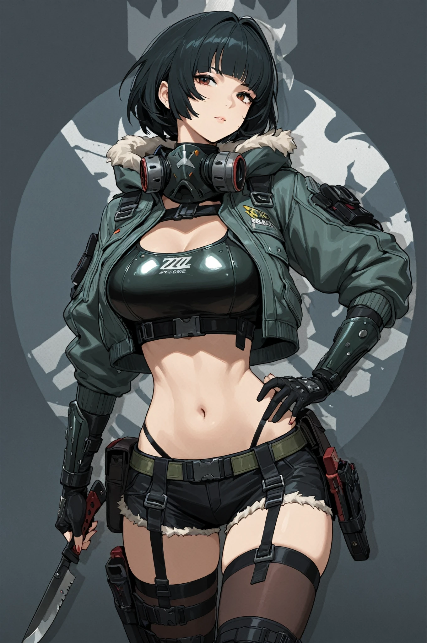 1 girl, black hair, yellow eyes, very long hair, pale skin, curvy, ((((extremely muscular)))), large breasts, (angry), pilot suit, (((torn clothes)))
