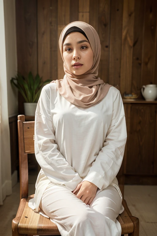 (photorealism:1.2), beautiful malay woman, smiling, look at audience, chubby, laying on bed, wearing loose off-shoulders bride white top, wearing white hijab, sexy tight leggings, big breast, cleavage,very big butt, indoors, plants in background, bright cozy room, sexy pose, realistic, intricate details, soft colors,