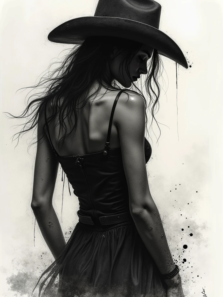 a sexy girl in the middle of a wheat field, serious, stare, dark clouds, eroticism, sexy image, black and white, between shadows, oil painting, chiaroscuro, sensual lighting, dramatic, moody atmosphere, emotional impact, Bill Sienkiewicz inspired art 