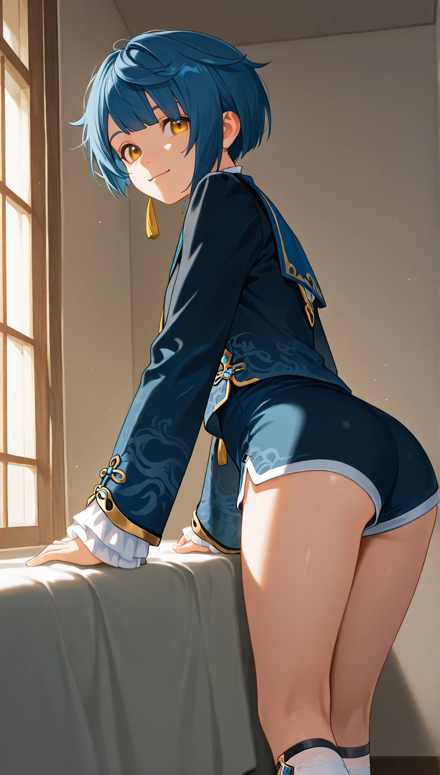 Anime girl with blue hair and hat holding a mobile phone, small curvaceous loli, thicc, Rem Rezero, Bending over, Extremely detailed Artgerm, trending on artstation pixiv, 8K high quality detailed art, lit from behind, beautiful anime girl crouching, pixiv 3dcg, [ 4 K digital art ]!!