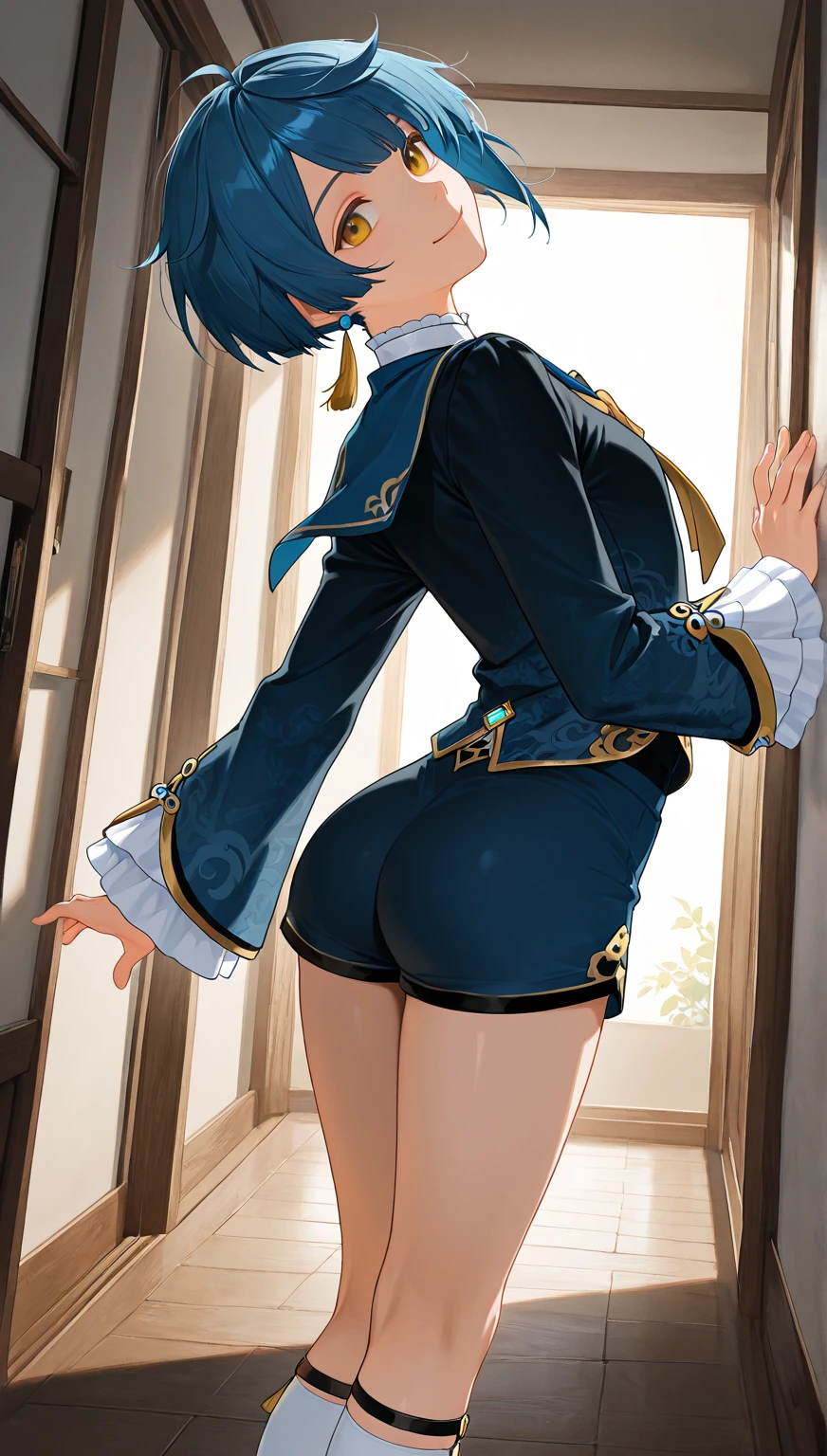 , masterpiece, Highest Quality, Highest Resolution, perfect background, perfect perspective, sharp image, perfect details, perfect lighting, perfect shadows, Perfect lighting, Best background,
Sophia, 1girl, solo, long hair, blue eyes, white dress, jewelry, blue hair, jacket, braid, earrings, necklace, twin braids, lips, blue jacket, modern anime style, standing, behind view, in forest, lifting dress, panties, dress lift, pulling dress up, focus on butt,